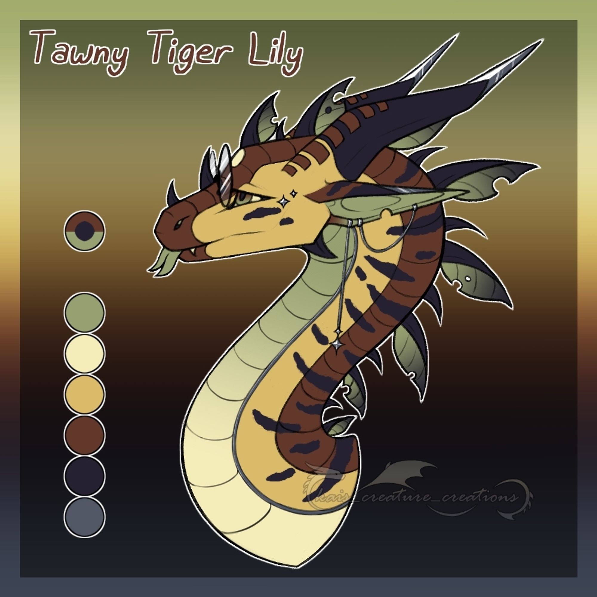 A digital drawing of a dragon's headshot. The dragon is a LeafWing SkyWing hybrid from the book series Wings of Fire. The dragon's body is a soft yellow color, with a belly that fades from a pale green to ivory. On the dragon's back there are rust colored scales, with spines the color of a dark midnight sky. On some of these spines, there are leaves growing, which are the same pale green as it's belly. The dragon also has some sparse striping along the sides and back of its neck. The dragon's horns are the same midnight color as it's spines. The dragon wears a pair of circular glasses, and has a long, draping earring that ends in a small star charm.