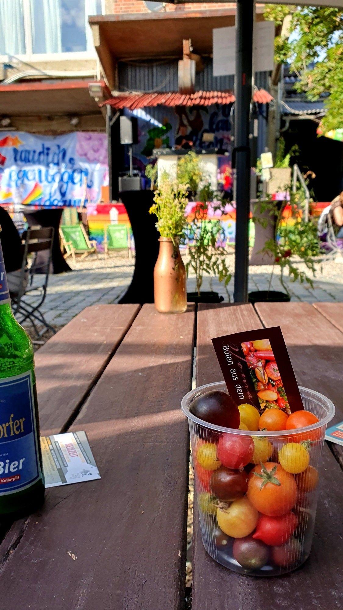 Diverse Tomatensorten  auch eine eckige und ein Becher bunt gefüllt mit kleinen und größeren Tomatrn in verschiedenen Farben