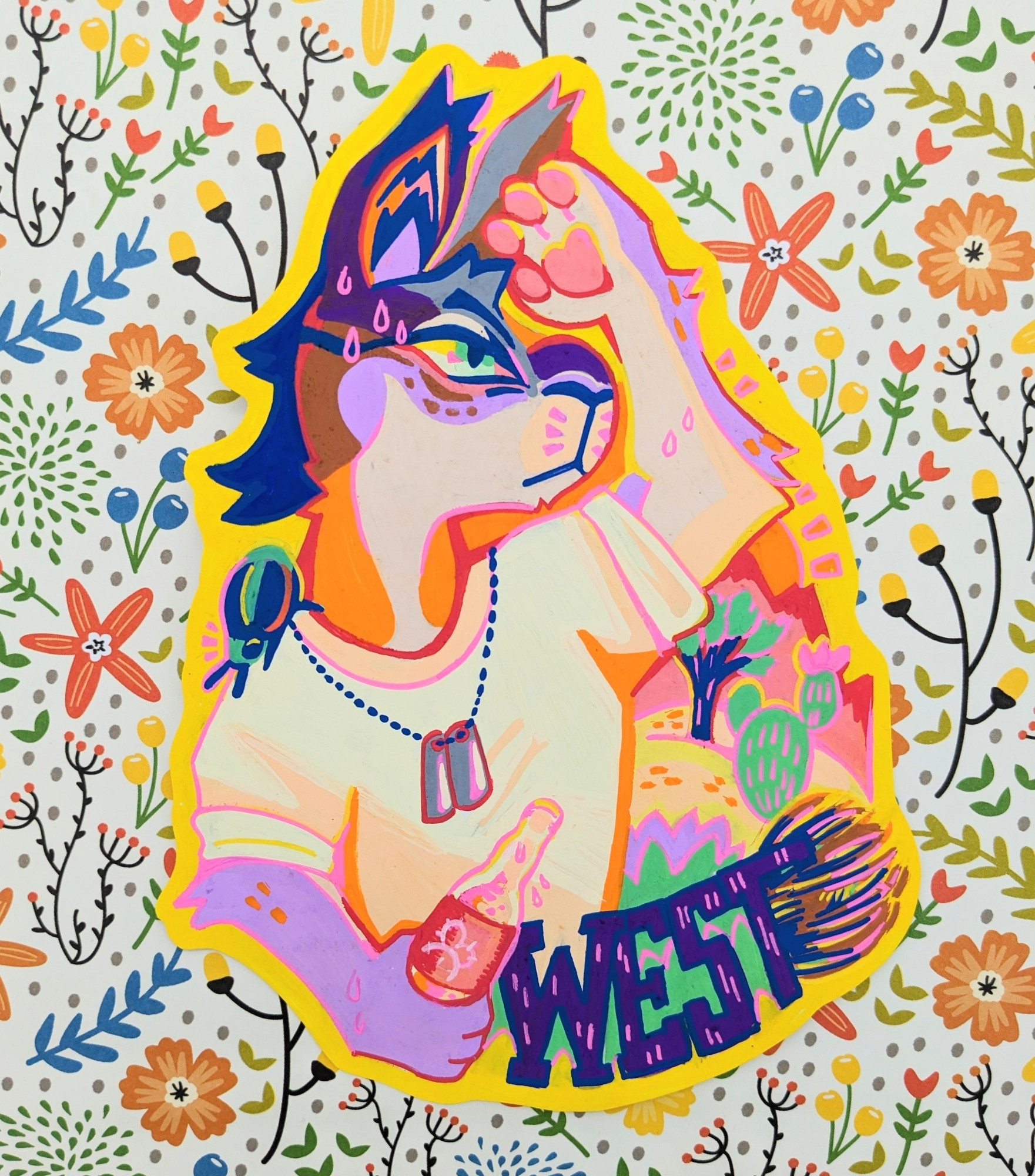 A character badge of a rabbit character in the desert, named "West".