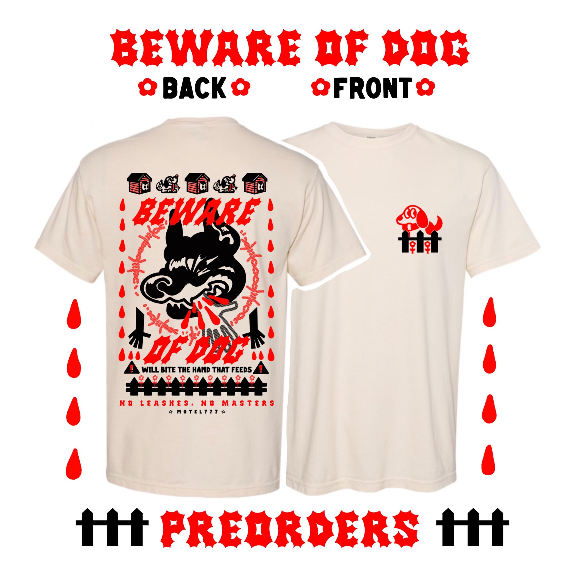 A shirt mock-up, with the text: “Beware Of Dog Preorders”.