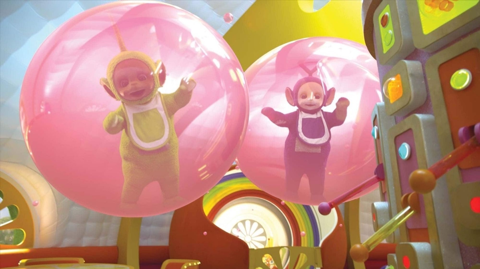 Teletubbies tout sourire et enfermés dans des bulles