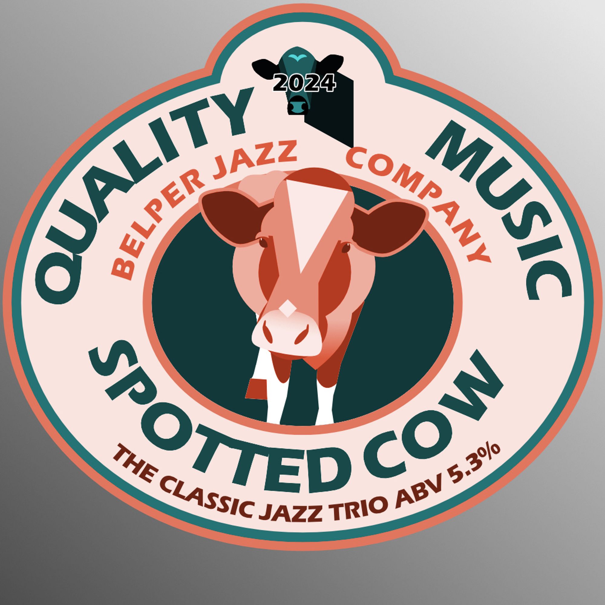 Beer mat design in vector graphics with cow for jazz trio at Spotted Cow pub.