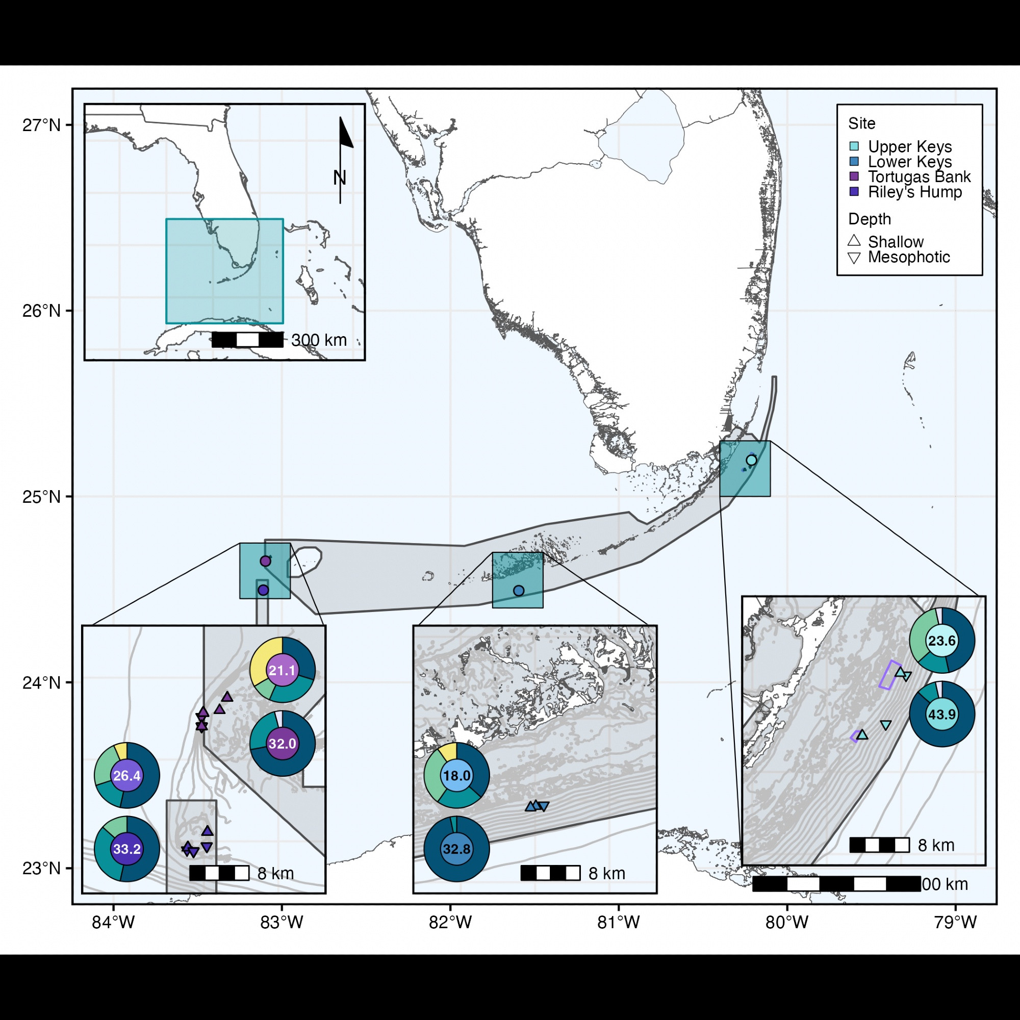 Map of Florida Keys displaying sampling locations and population structure plots for Stephanocoenia intersepta corals