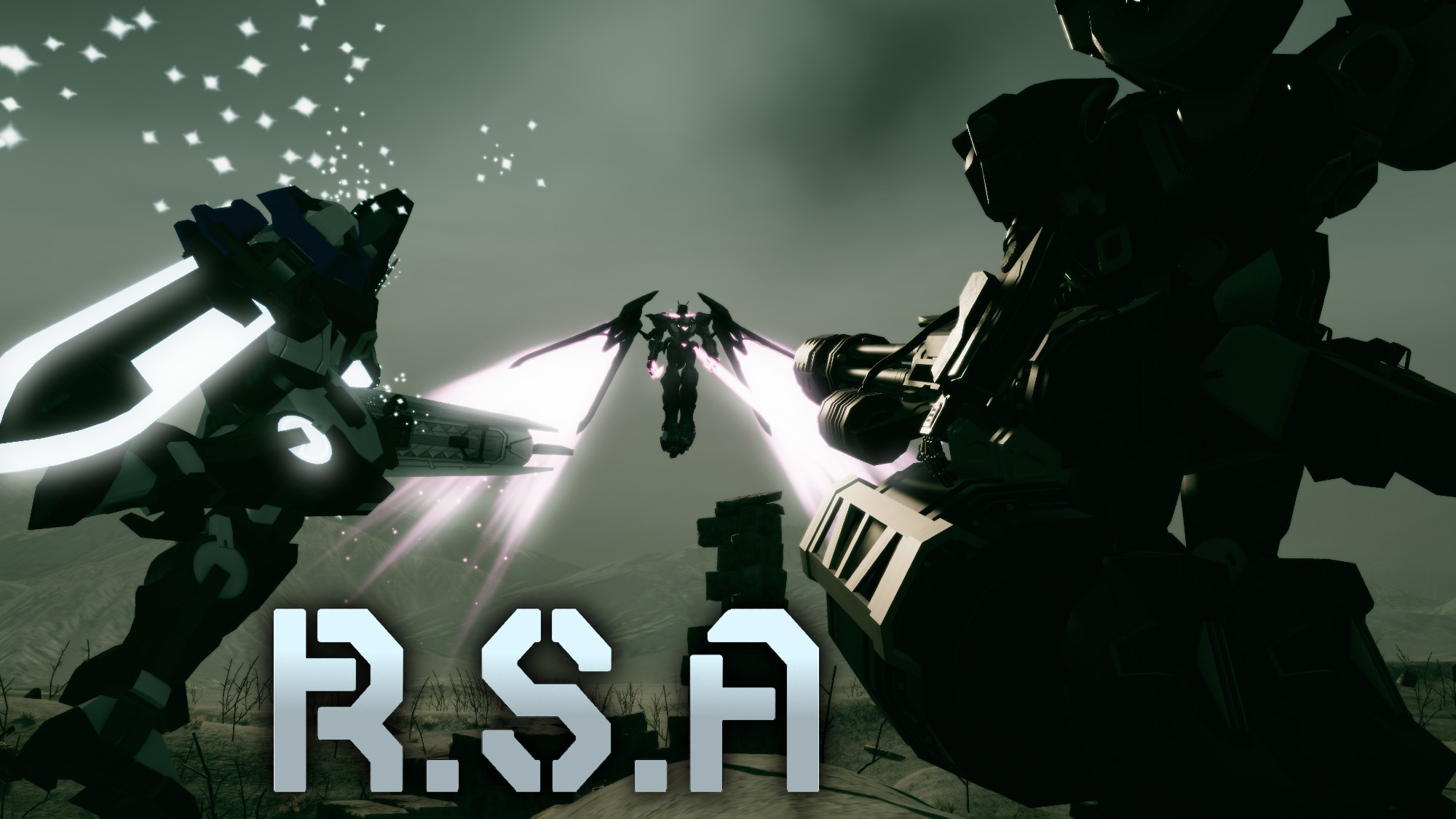 A poster of two mechs facing another ready for battle as one is flying in the air with the letters RSA on it like a poster