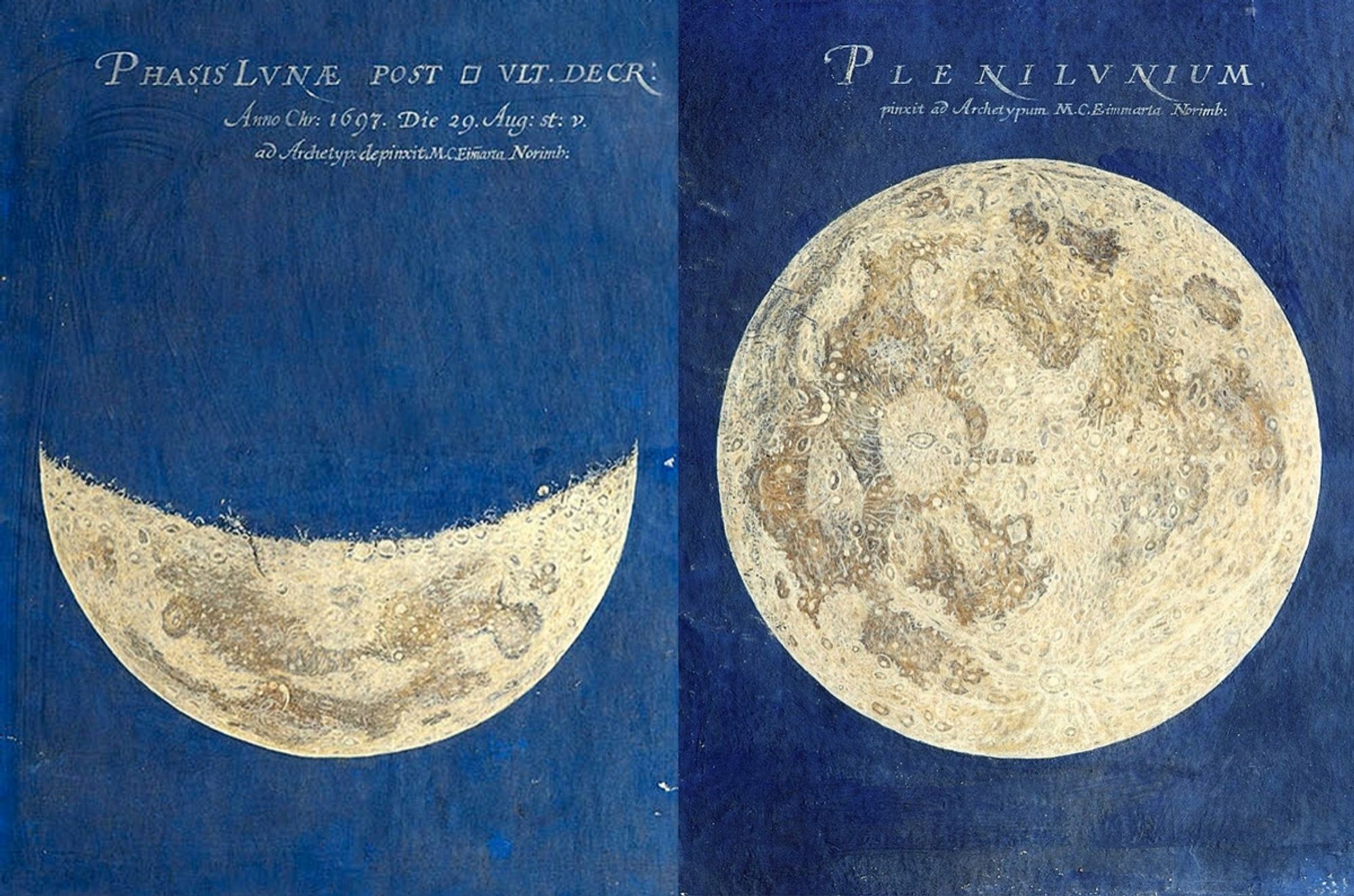 17th century artist and astronomer, two panels featuring a crescent, and full moon, both with blue backgrounds