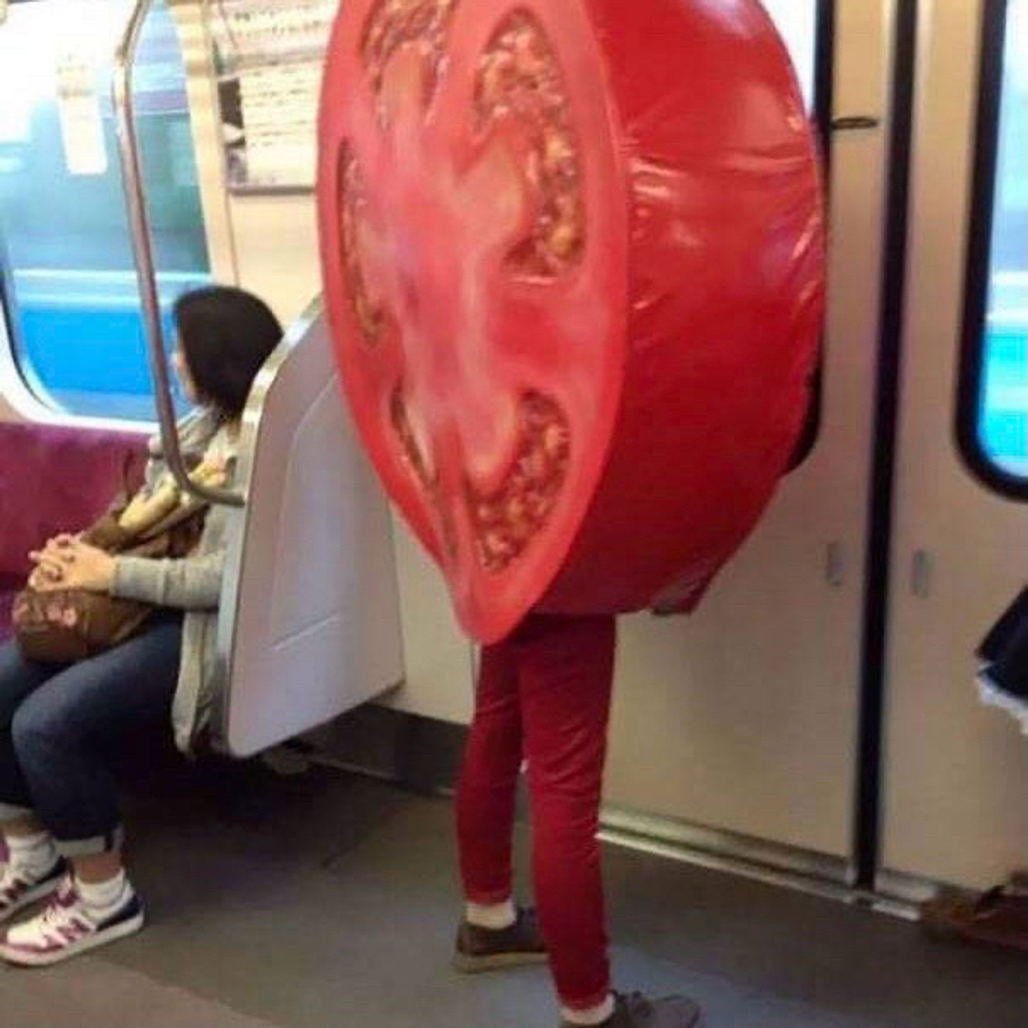 Someone on the subway in a large tomato slice costume.