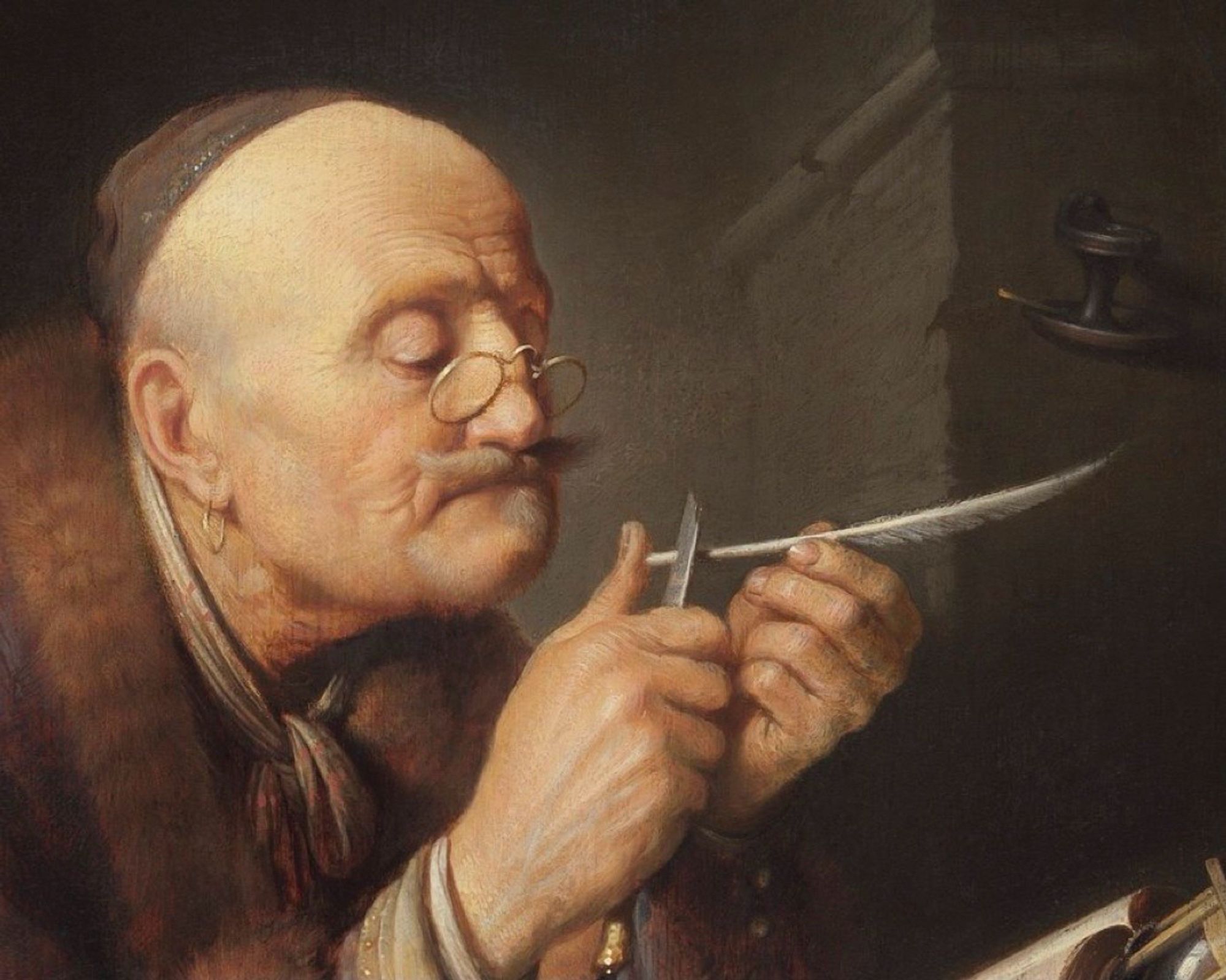 Painting of an elderly man sharpening a quill.