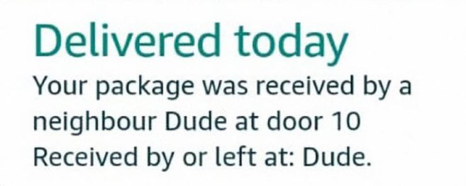 Message reads "Delivered today - Your package was received by neighbor Dude at door 10 - Received by or left at: Dude."