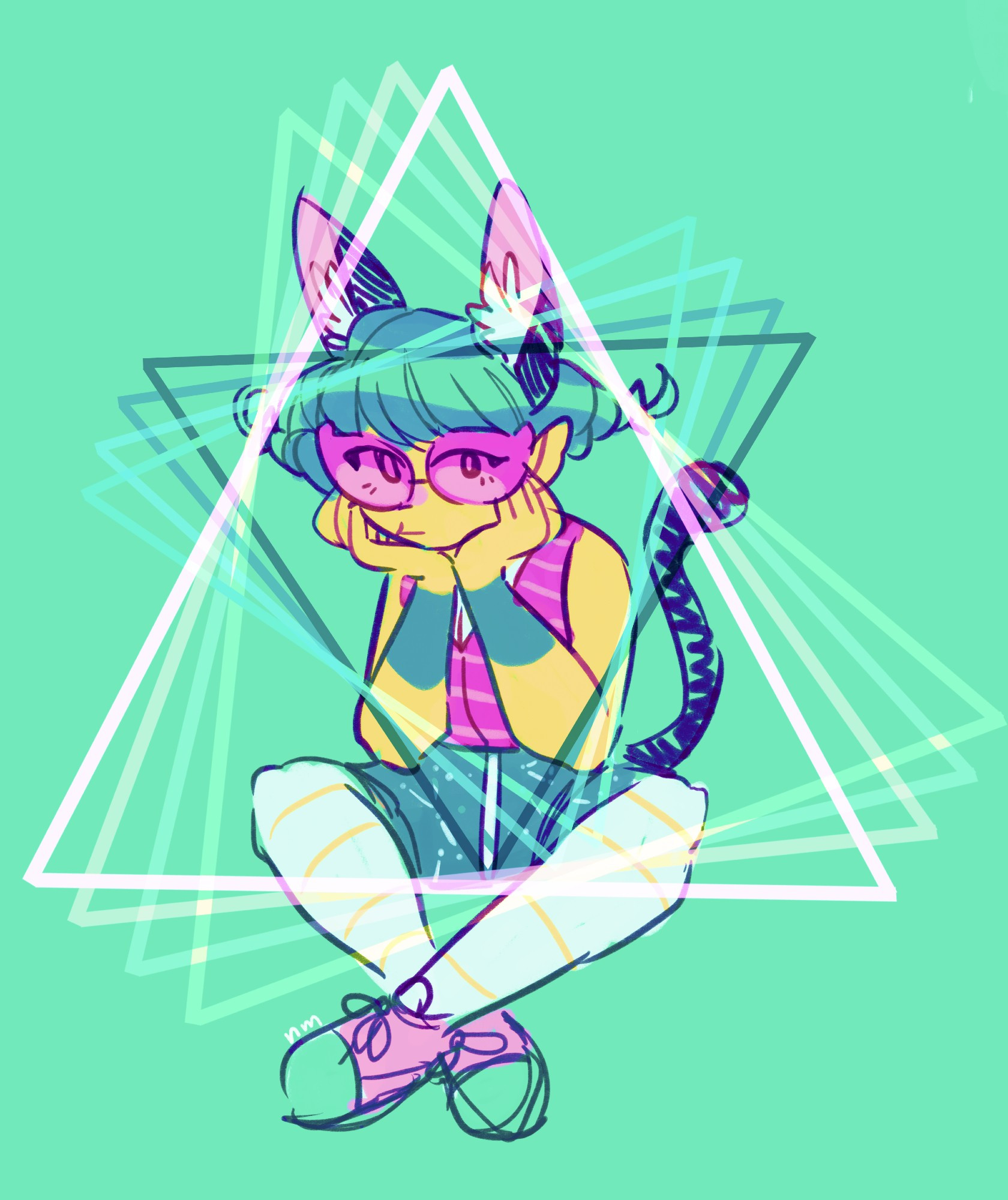 Cure Cosmo/Yuni from Star Twinkle Precure in her original cat form, dressed in casual earth clothes. She's sat with a bored expression on her face. The colors are very bright and 80s style, and there is a geometric triangle pattern over her, in a similar style to the second ending from the show