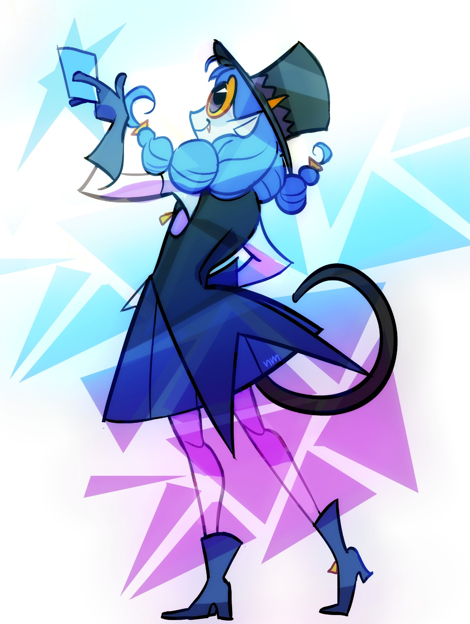 Cure cosmo/yuni in her Blue Cat form and clothes, she is standing confidently with a calling card in her hands, as though taunting the viewer. The colors are a gradient of blue at the top to her signature idol purple at the bottom.