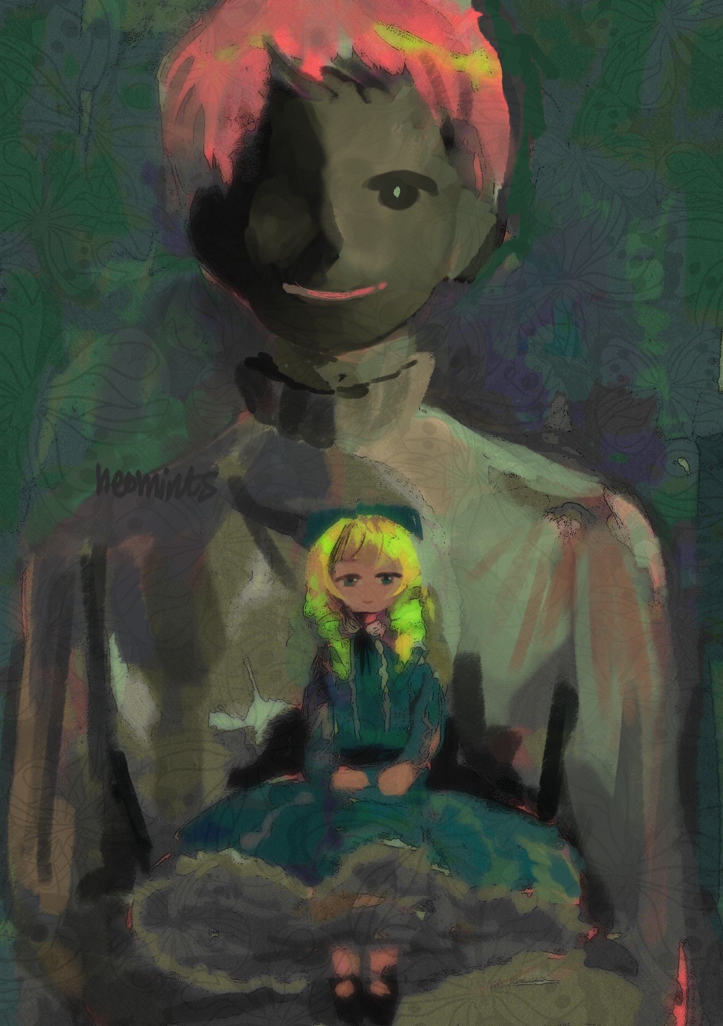 A drawing of Shu holding mademoiselle the doll. The composition is reminiscient of a victorian portrait, but the colors are muddy and unsettling, combining deep grays, greens and neon colors.  While mademoiselle stares into the camera serenely, shu's face is that of a lifeless doll. He is shown to have less life than the doll he holds.