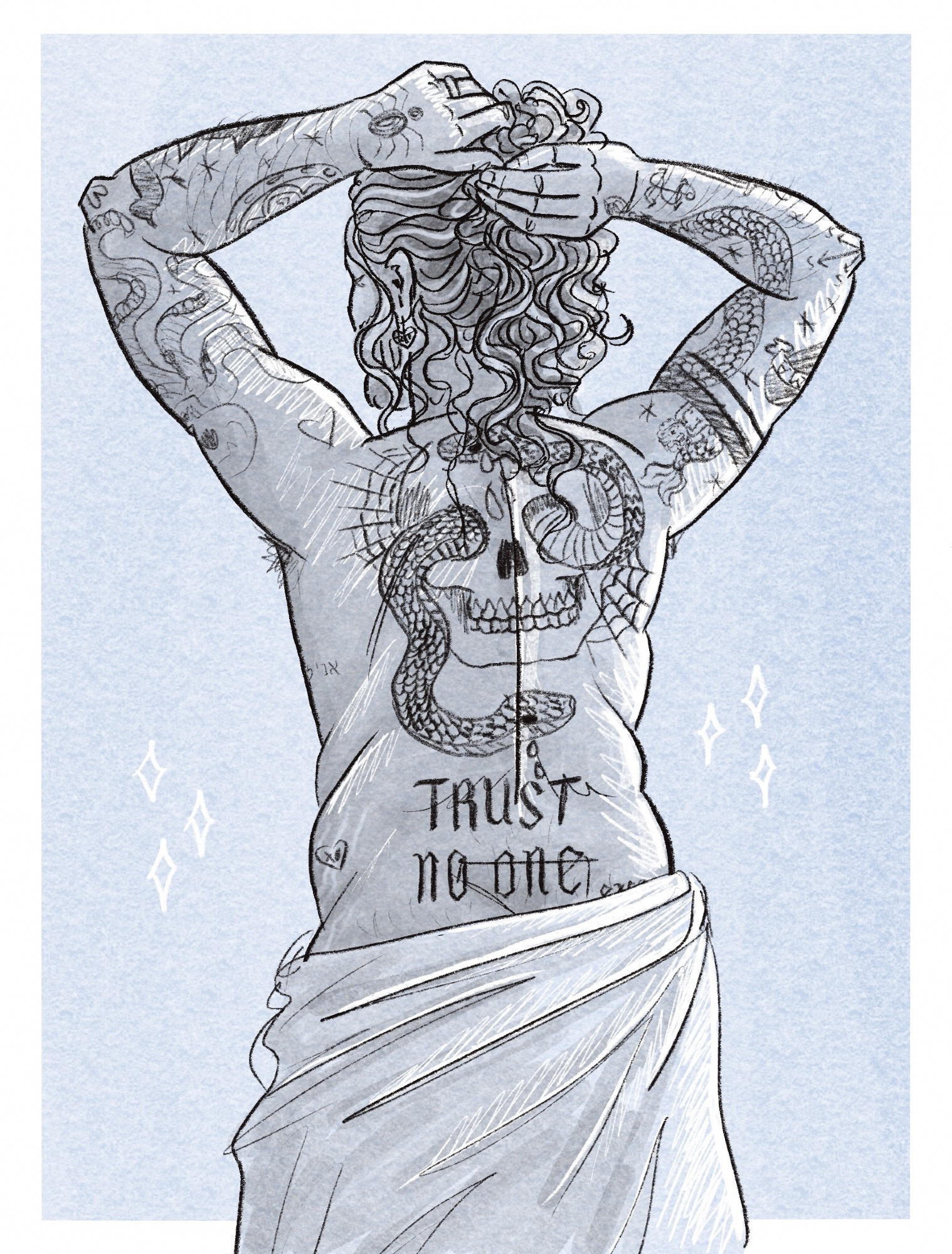 a sketch of Ed Teach from behind, a towel wrapped around his hips as he puts his hair up into a bun. He’s shaded in greyscale over a desaturated blue background.