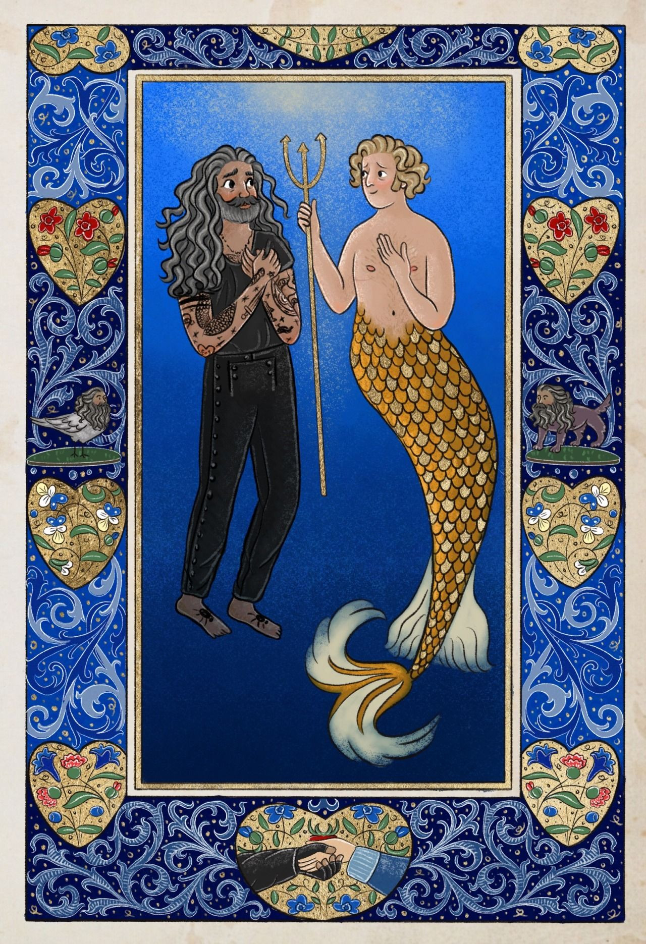 a medieval-style drawing of Ed and Stede in the mermaid scene from season 2 episode 3. Stede has a sparkly gold mermaid tail and is holding a trident with one hand, and his other hand rests over his heart. Ed has both hands clutched to his chest and a vulnerable expression on his face. they’re over a blue gradient background, and there’s a border around the edges in various shades of blue, filled with scrollwork, gold hearts, and flowers. there are also small drawings of Ed as a bird and a dog in the margins, as well as Ed and Stede’s hands clutching each other in a heart in the bottom center of the border.