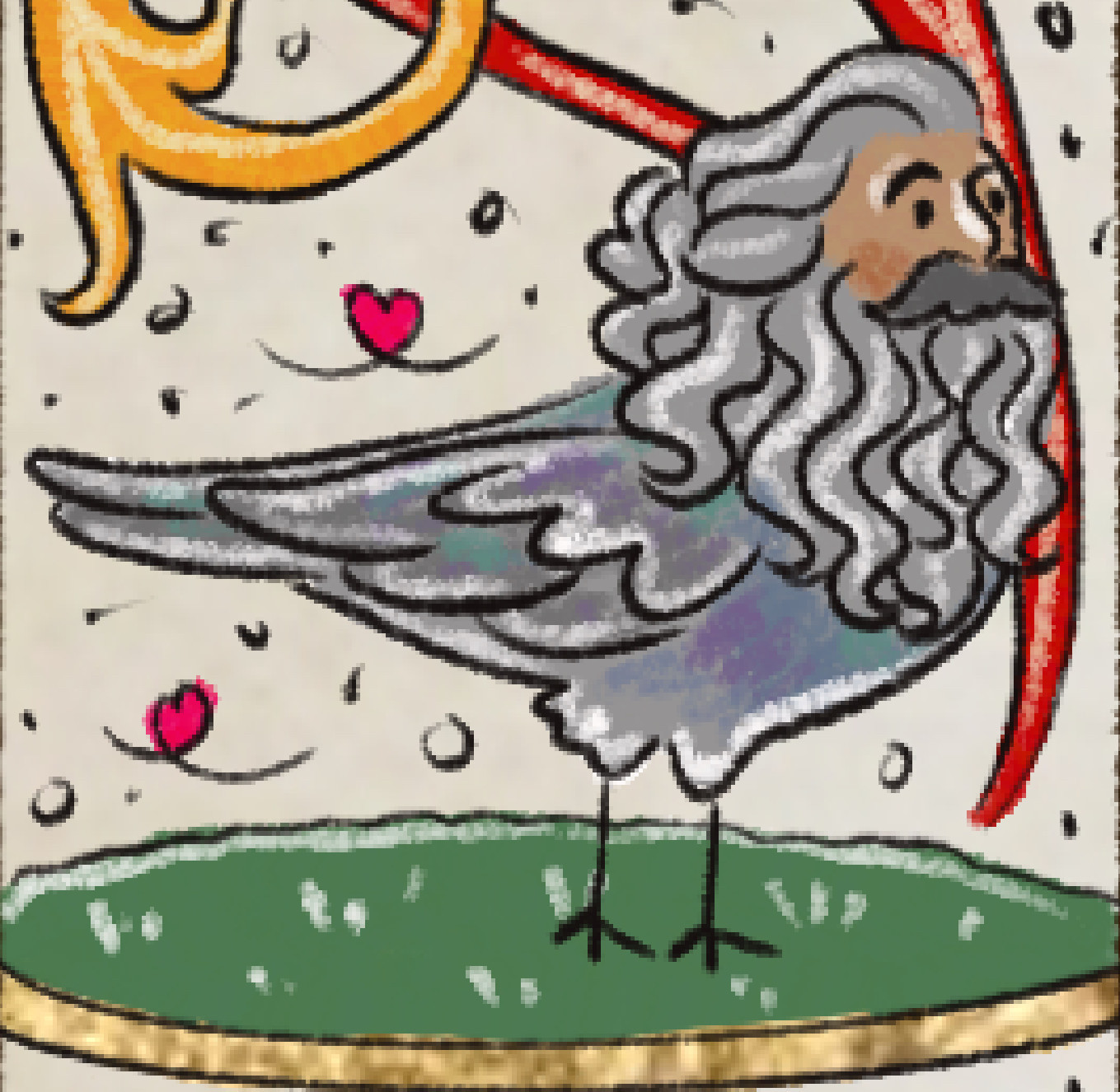 A medieval marginalia style drawing of Ed's head on a pigeon body