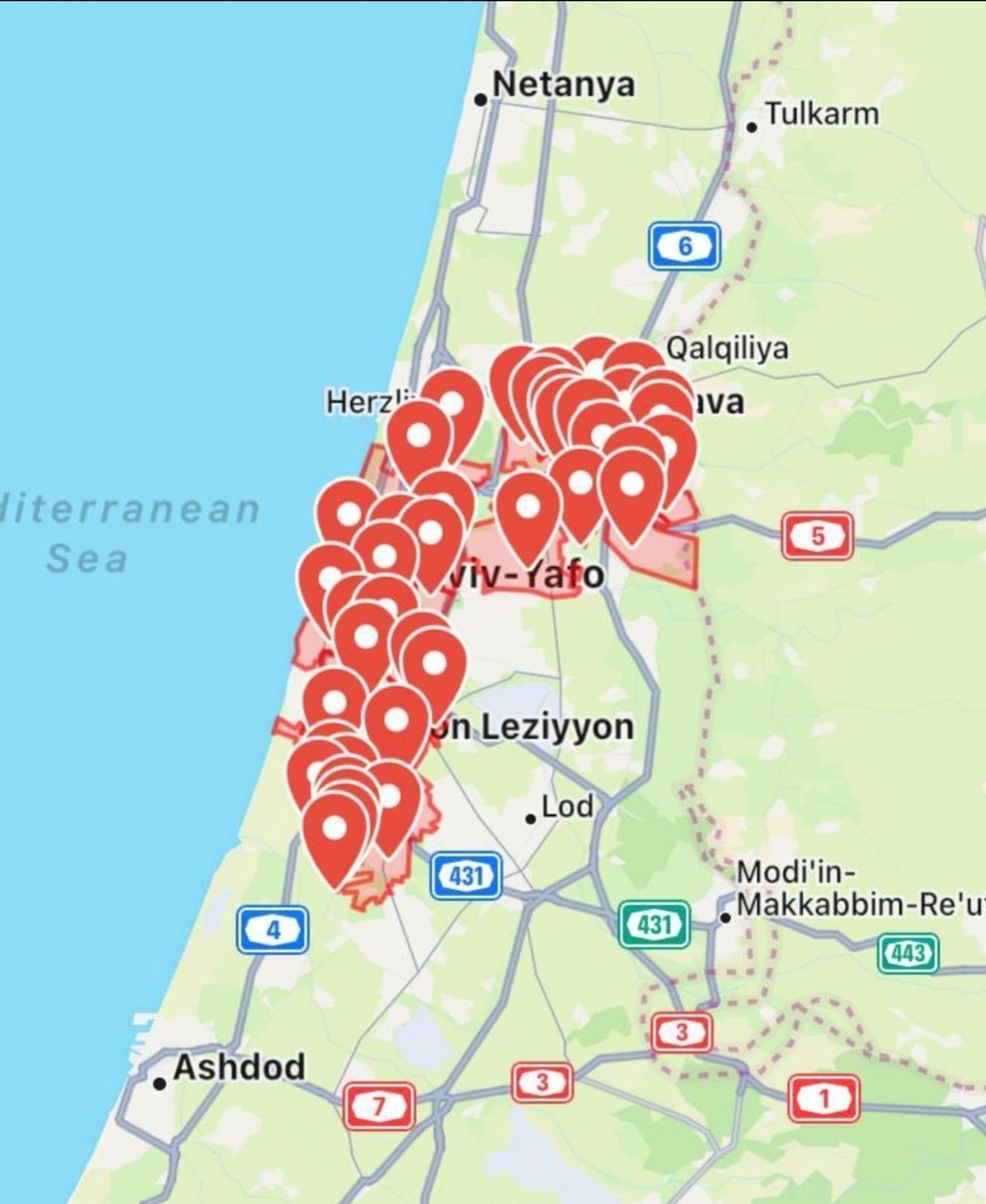 Red Alert Warn App mit unzähligen Raketen Warnungen in Israel.