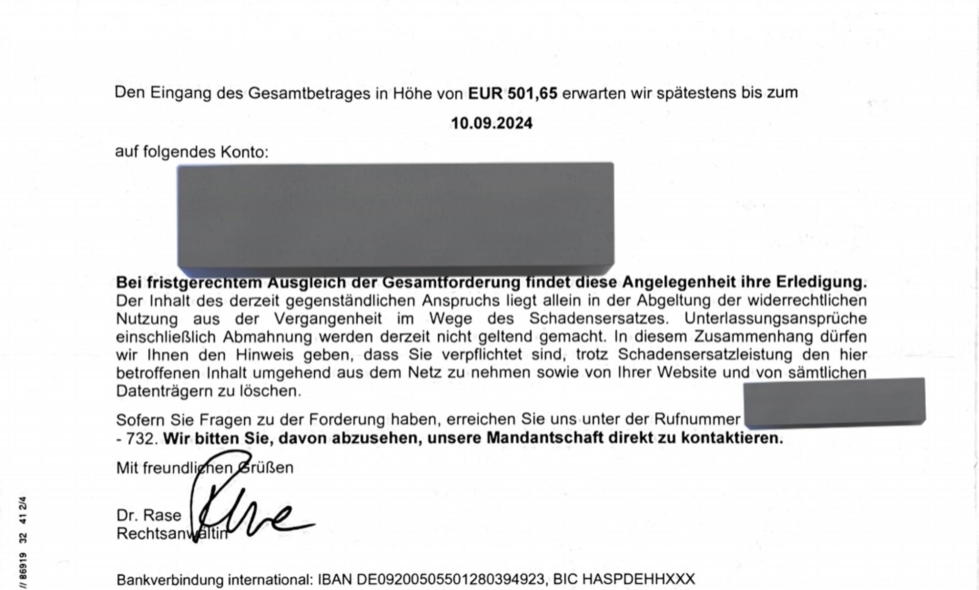 2 Seite des Schreibens, das Geld muss bis zum 10.09. überwiesen werden.