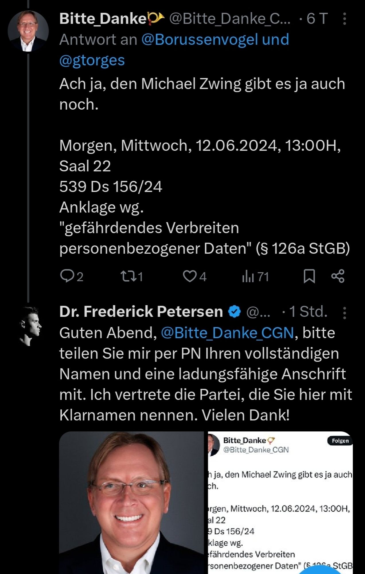 Dreimal die gleiche Antwort auf auf Tweets von einem Fr Frederick Petersen, der angeblich mics Anwalt ist
Guten Abend, @ (hier Nutzername einfügen) , bitte teilen Sie mir per PN Ihren vollständigen Namen und eine ladungsfähige Anschrift mit. Ich vertrete die Partei, die Sie hier mit Klarnamen nennen. Vielen Dank!