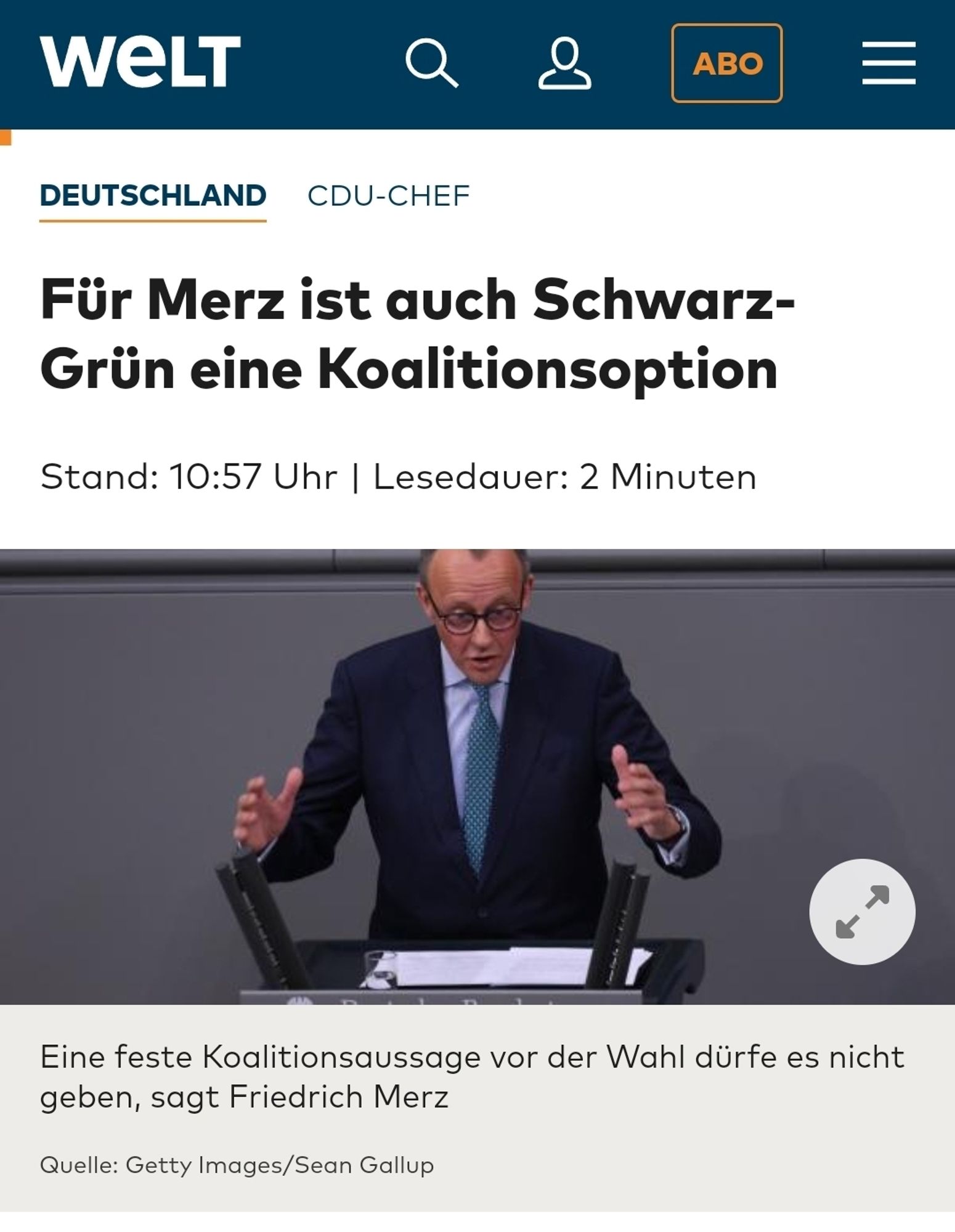 Welt von heute 
Für Merz ist auch Schwarz-
GrÜn eine Koalitionsoption