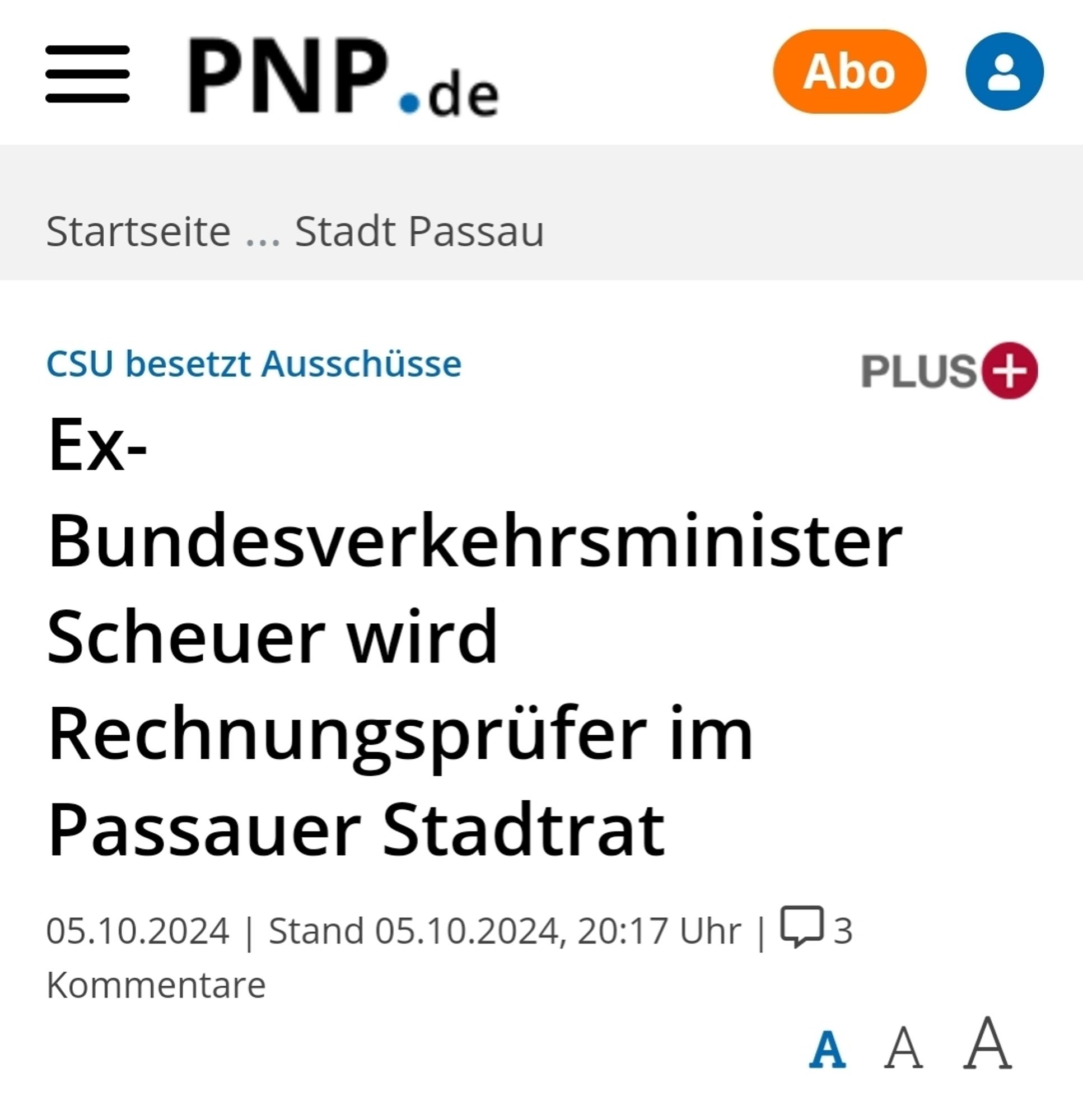 Passauer Neue Presse Screenshot
Ex- Bundesverkehrsminister Scheuer wird Rechnungsprüfer im Passauer Stadtrat