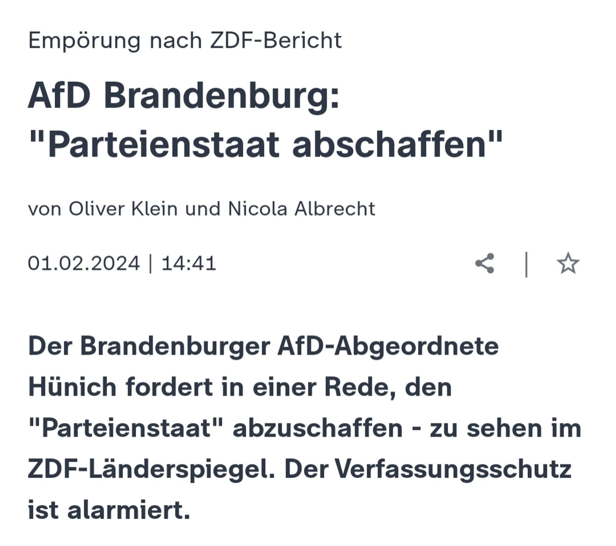 ZDF Screenshot 
AfD Brandenburg:
"Parteienstaat abschaffen"
Der Brandenburger AfD-Abgeordnete
Hünich fordert in einer Rede, den
"Parteienstaat" abzuschaffen - zu sehen im
ZDF-Länderspiegel. Der Verfassungsschutz
ist alarmiert.