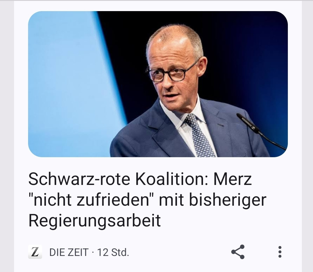 Zeit Online Screenshot
Schwarz-rote Koalition: Merz "nicht zufrieden" mit bisheriger Regierungsarbeit