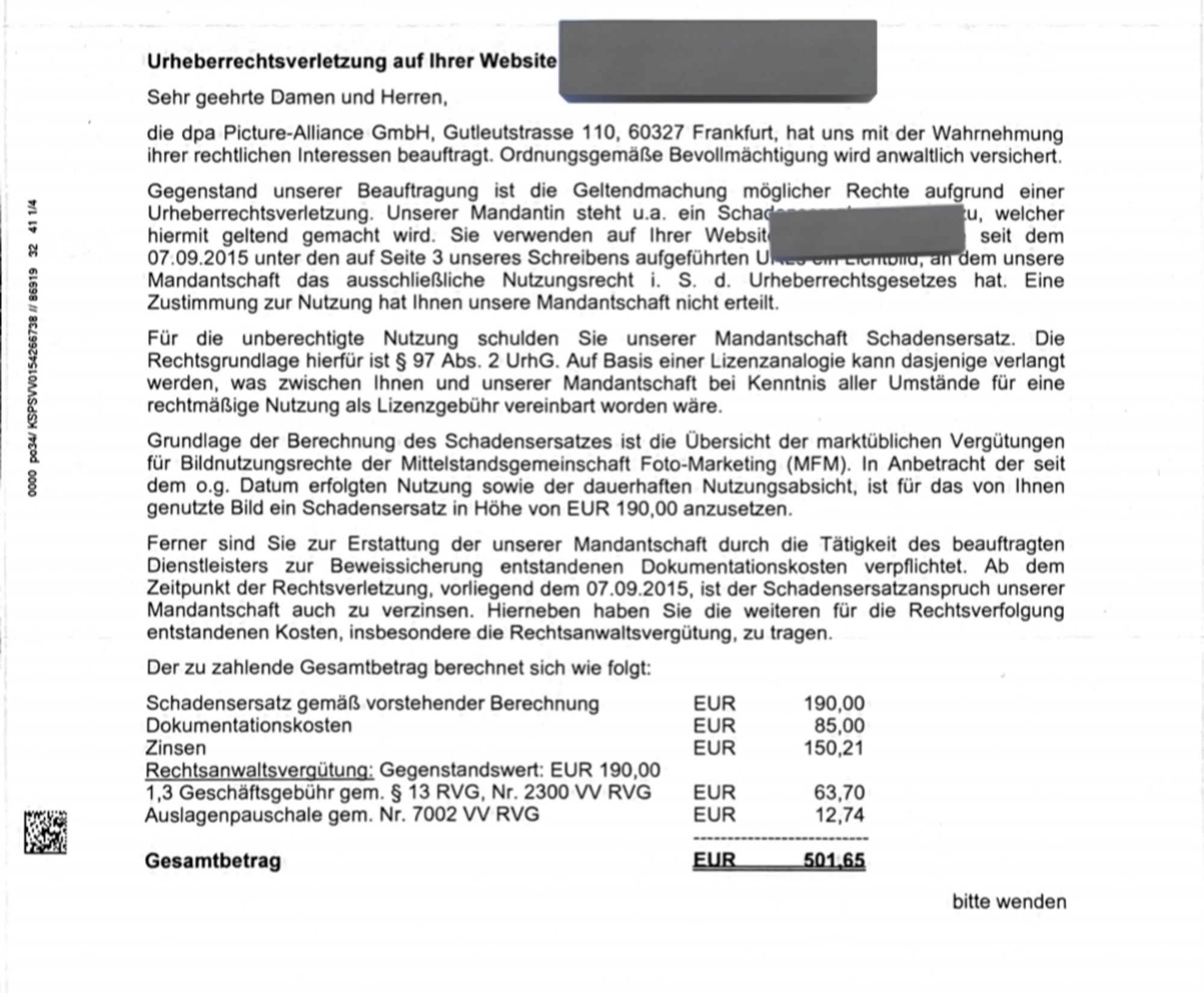 Screenshot des Anwaltsschreibens, mit der Grsamtrechnung von 501,65€