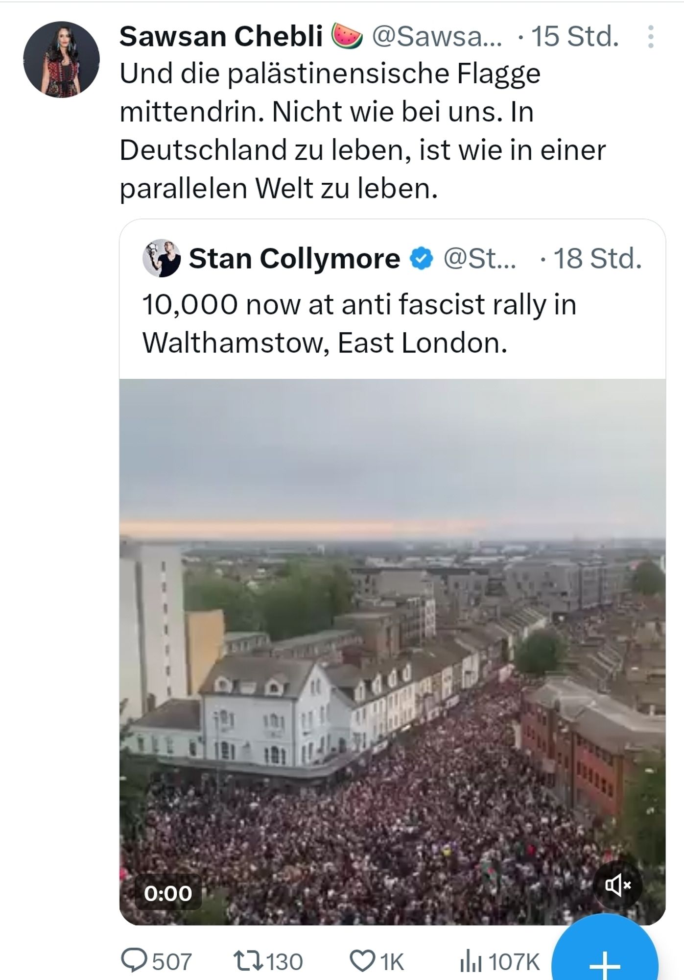 Bilder einer antifaschistischen Demo in London
Sawsan Chebli retweetet die mit folgenden Worten
Und die palästinensische Flagge mittendrin. Nicht wie bei uns. In Deutschland zu leben, ist wie in einer parallelen Welt zu leben.