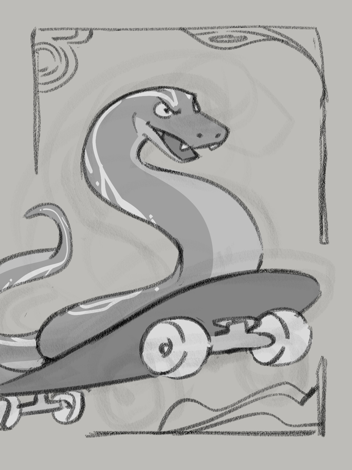 Image in grayscale of a snake with a Rad Expression skateboarding