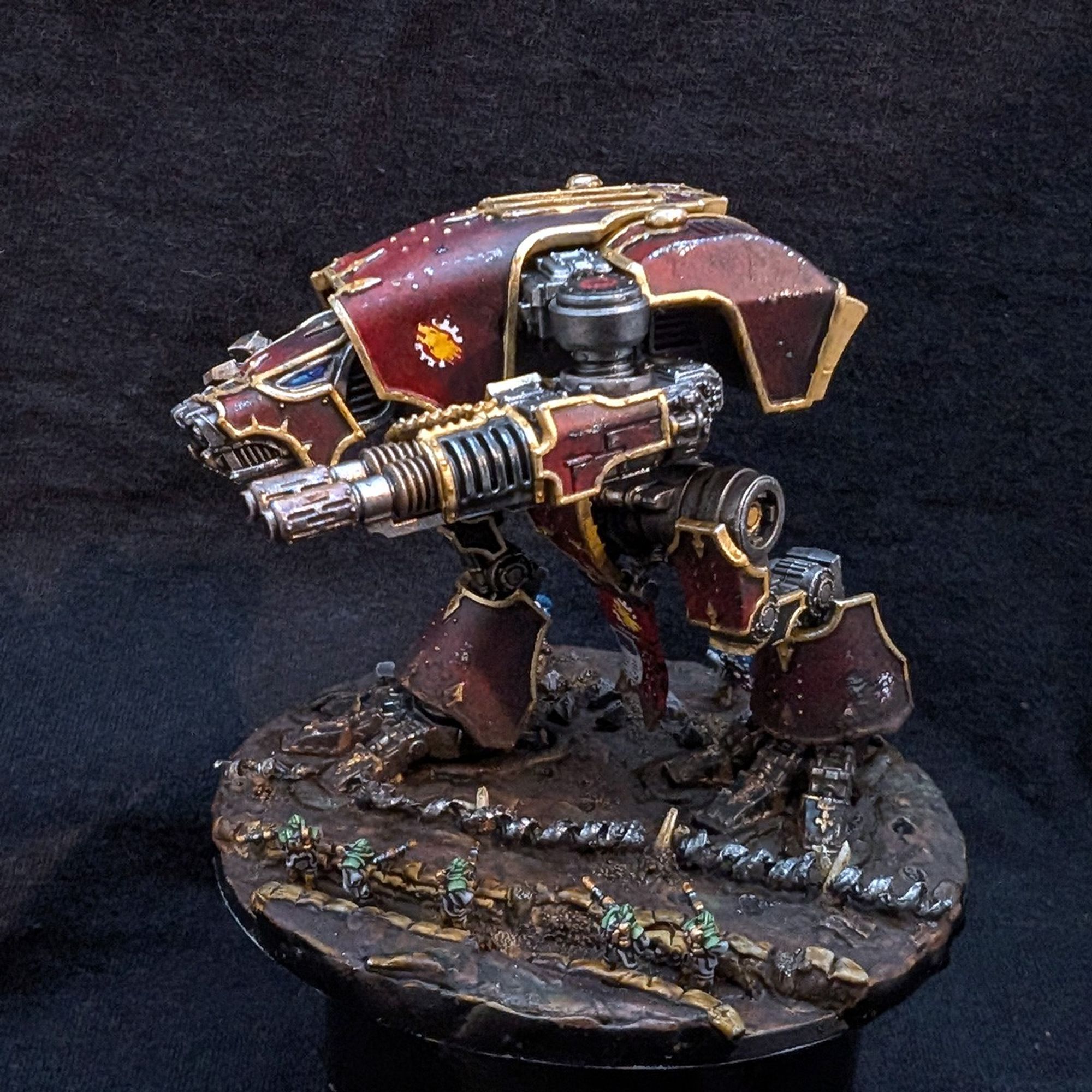 a Warhound Titan from Legions Imperialis, painted in Legio Audax (Ember Wolves) colours. left view.