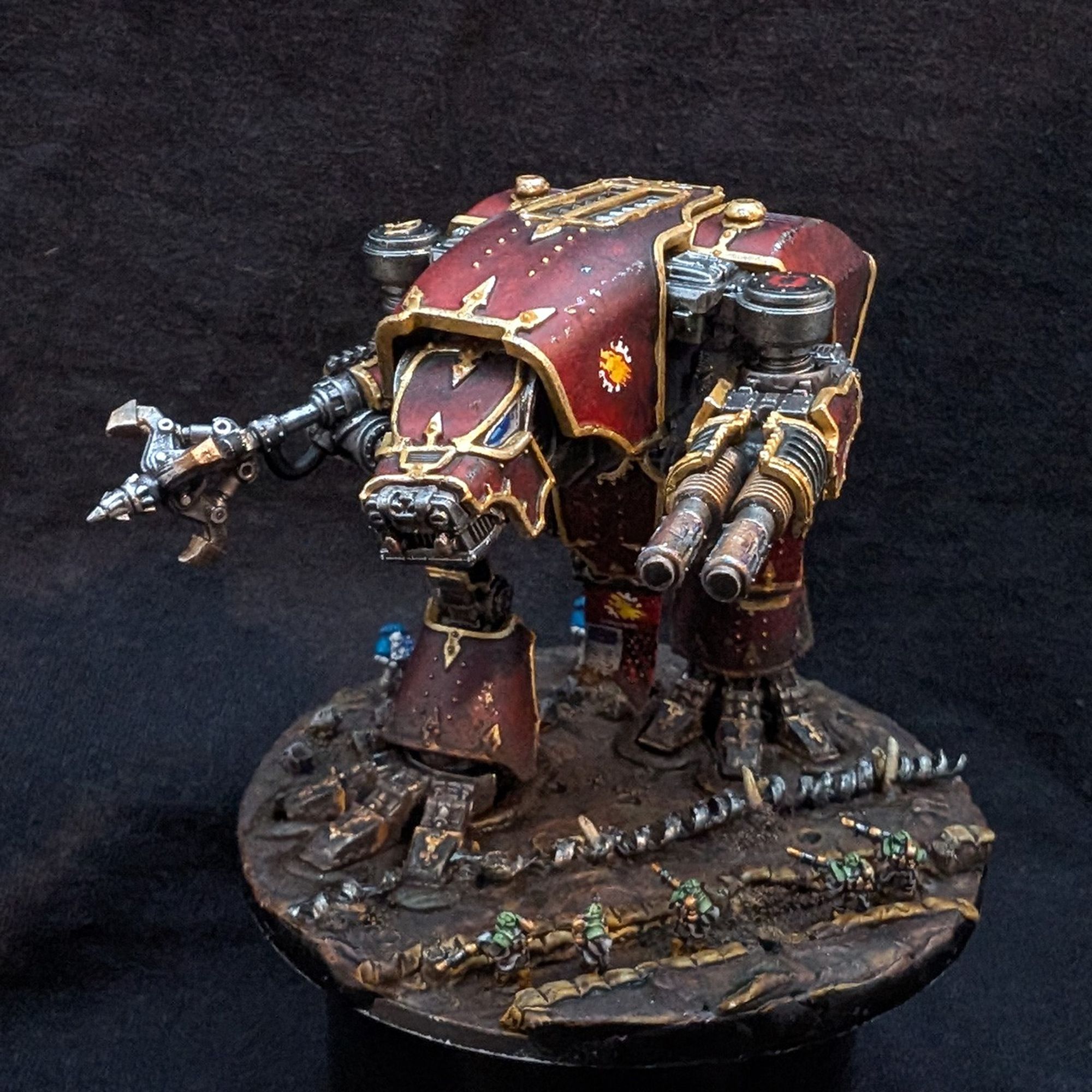 a Warhound Titan from Legions Imperialis, painted in Legio Audax (Ember Wolves) colours. front view.