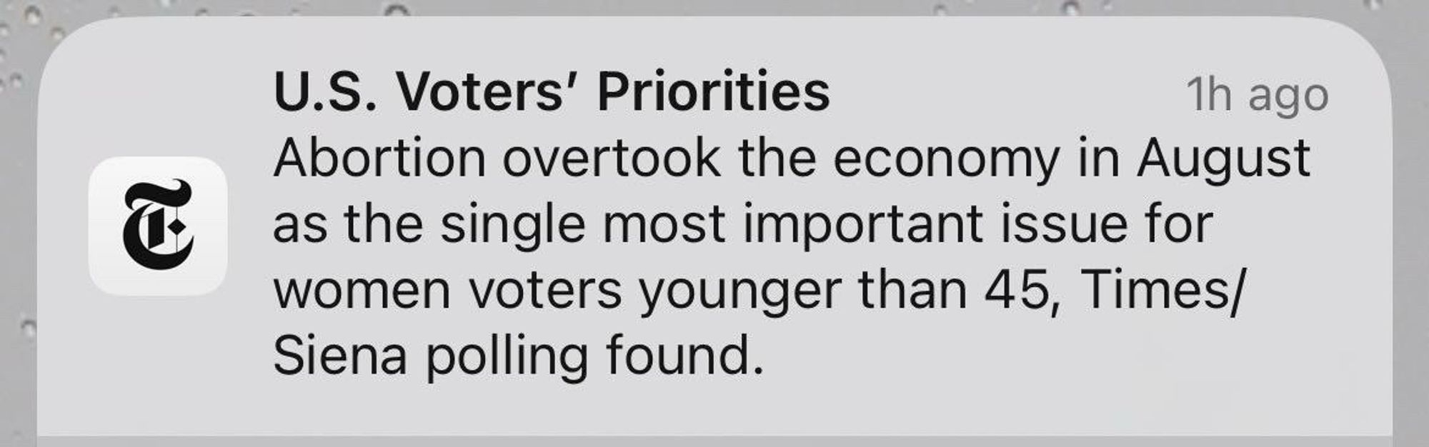 NYT breaking news alert says abortion has overtaken economy as single most important issue for women under 45.