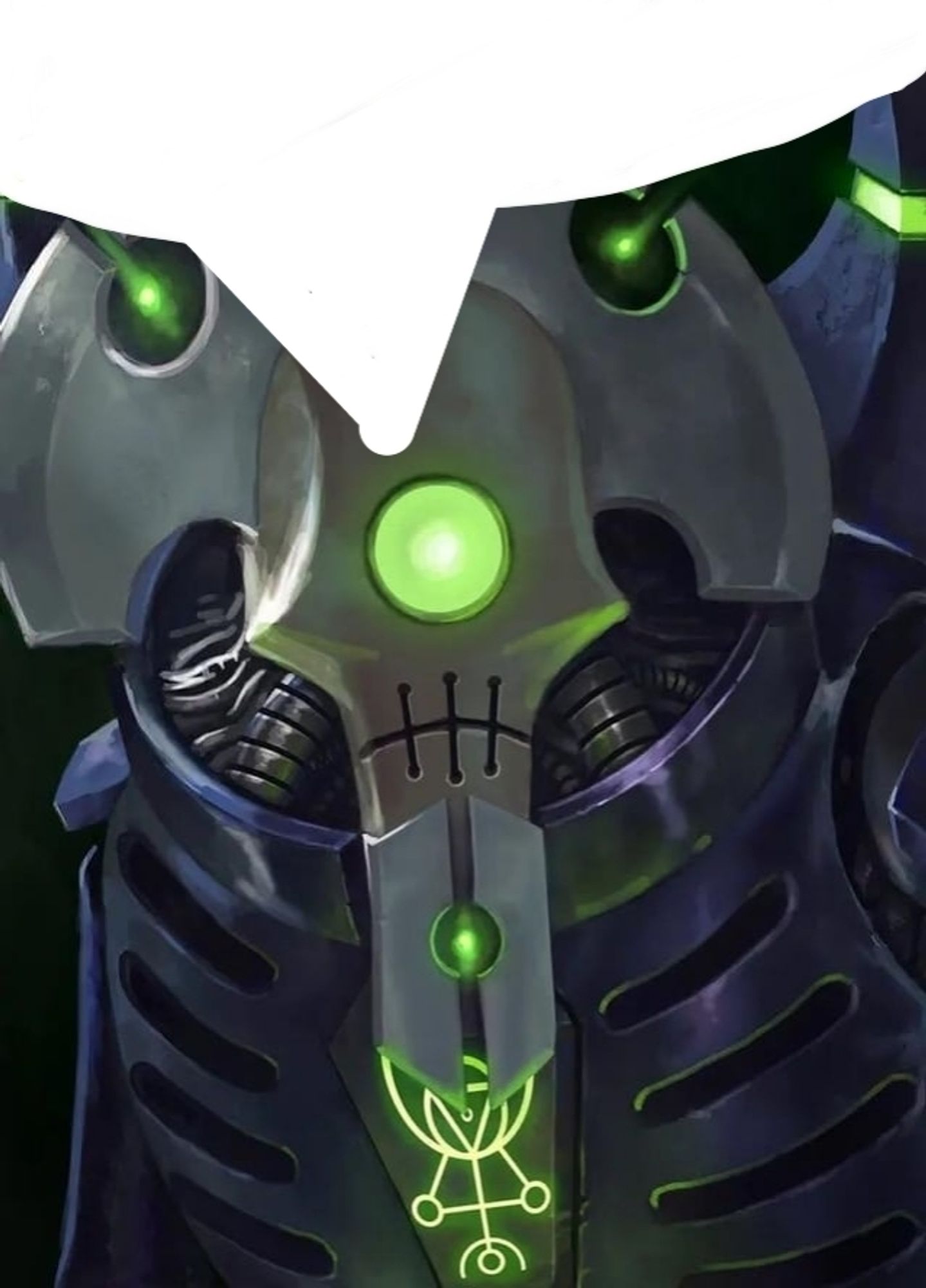 Necron face with a speech bubble positioned to look like it in closes the previous skeet