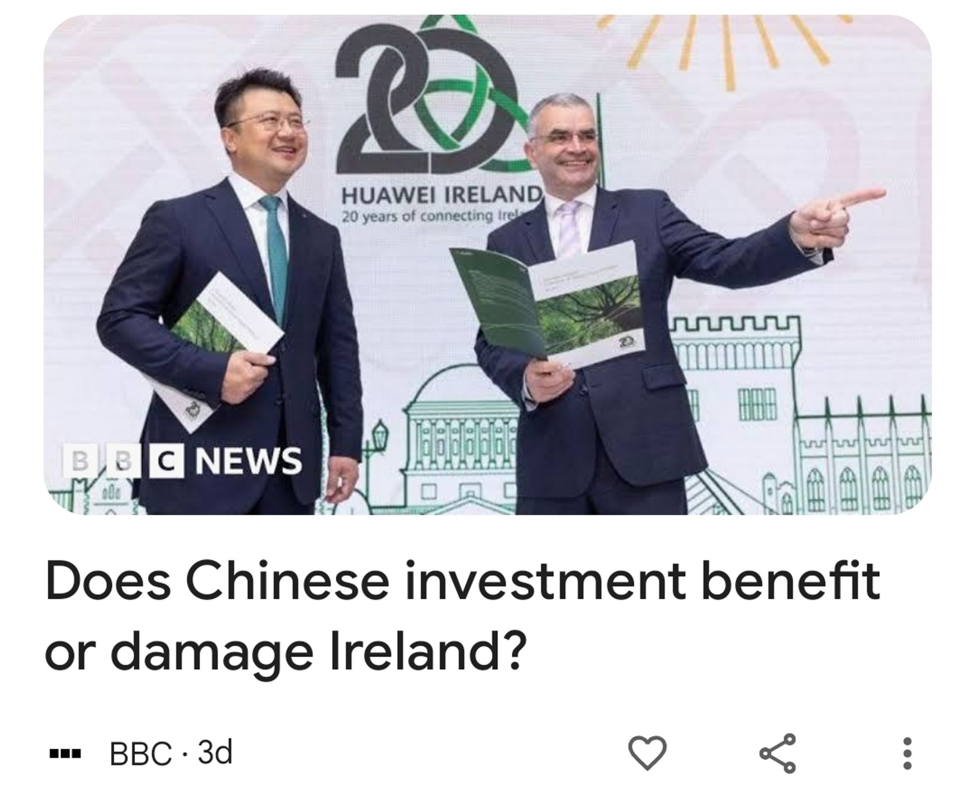 Are BBC headline reading does Chinese investment benefit or damage Ireland?