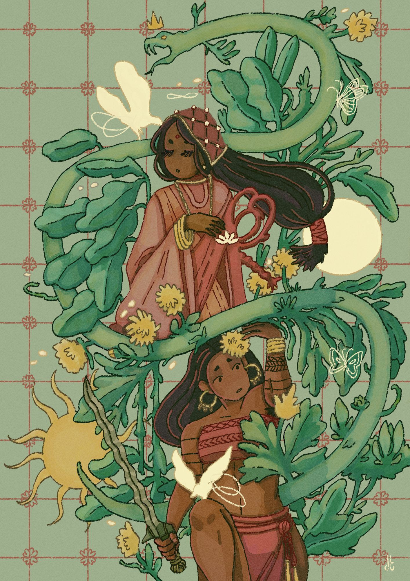 A watercolor and ink drawing of a pale green serpent growing leaves and flowers off its body. It encircles two figures, the first is wearing long feminine robes and jewelry while the second is wearing tradition pre-colonial Filipino garb and holds a sword. Each of them is accented by a white bird and a moon and sun symbol, respectively.