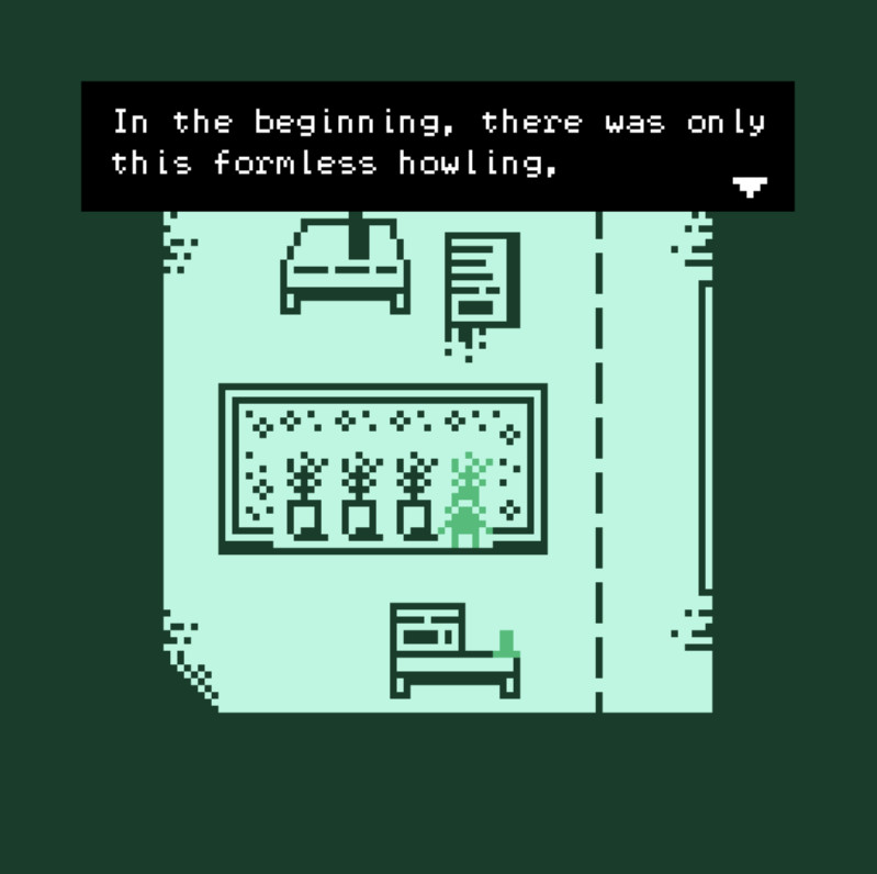 protag in small room with big grow box, text: in the beginning there was only this formless howling