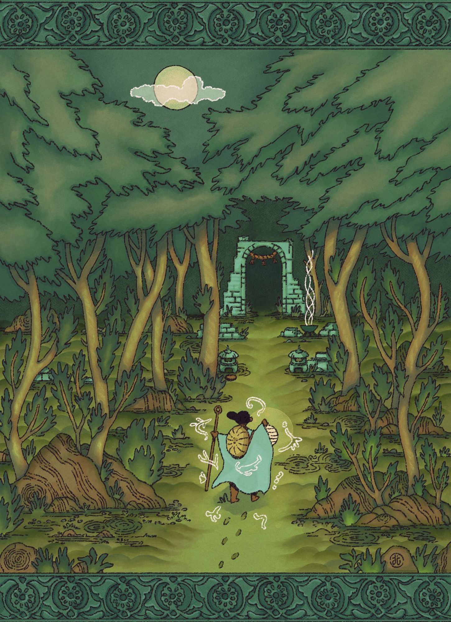 A digital ink and watercolor painting of a brown-skinned figure carrying a paper lantern and staff as they walk through a path in a stylized forest leading to a standing stone archway. The moon hangs above the canopy, and a decorative motif lines the top and bottom of the image.