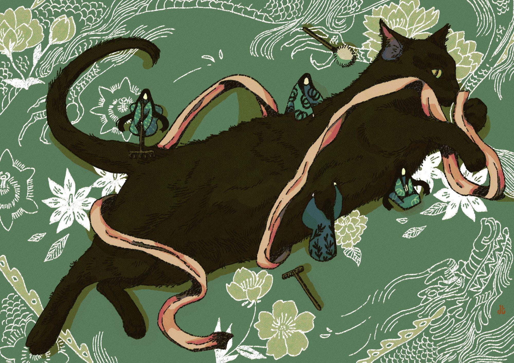 A painted line drawing of a black cat lying on its side while it toys with a long ribbon that surrounds its body. The cat is attended to by tiny spirits in large robes. The background is a series of stylized paintings of flowers and a large dragon that encircles the frame of the piece.