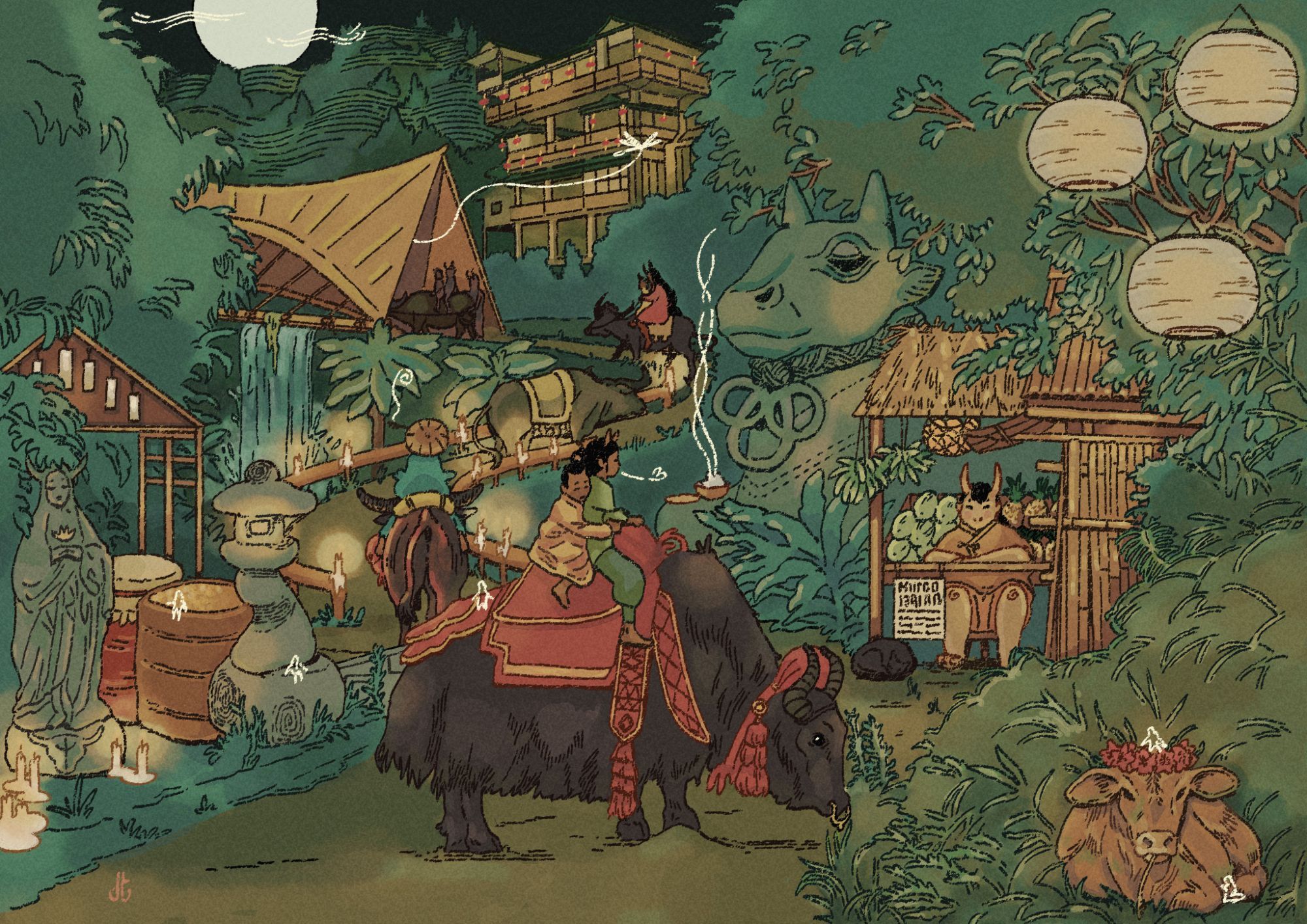 A digital watercolor and ink drawing of a procession of oxen going up a hill and over a bridge that sits atop a waterfall. A horned statue surrounded by candles and offerings stands to the left, while a fruit stand, giant stone cow statue, and paper lanterns appear on the right.