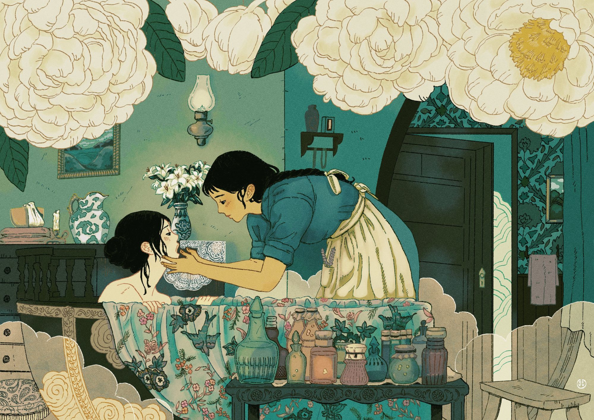 A digital ink and watercolor sketch of a scene from the movie "The Handmaiden" (2016) in which the Maid holds the face of the Lady as she sits in the bath. They are in a steamy room with heavy, dark, Victorian furniture and beside the large bath is a table filled with oils, essences, salts, and perfumes. A large mirror reflects the other side of the room, the door slightly ajar, filled with more mist. The top of the frame is occupied by large white peonies in full bloom, which look down on the scene below.