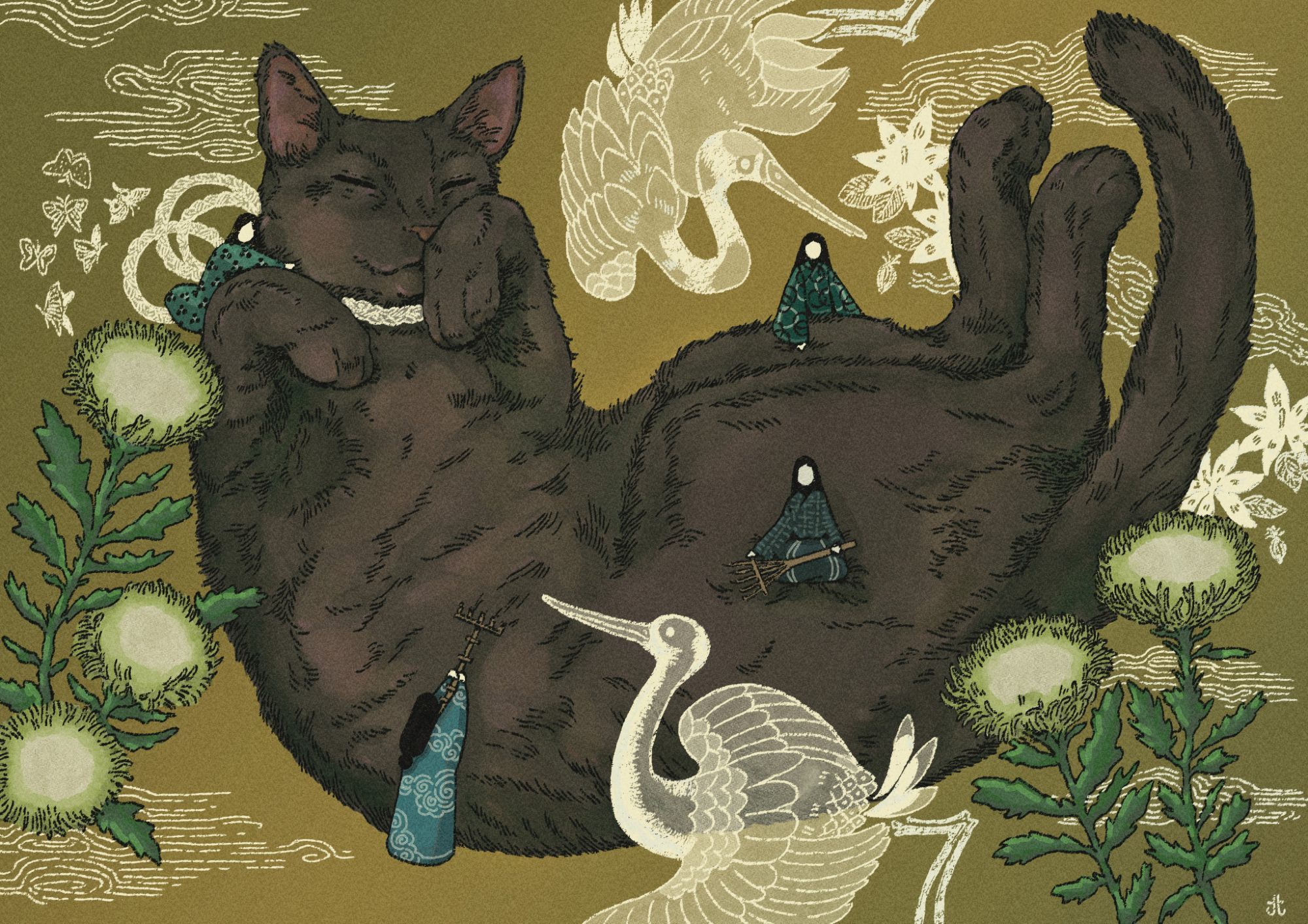 A digital watercolor ink drawing of a gray cat lying in repose or sleep while surrounded by tiny attendants wielding tools similar to those used in a zen garden. The cat is framed on either side by weedy-looking white wildflowers. The drawing is done over in white ink showing misty clouds, cranes, butterflies, seeds, etc.