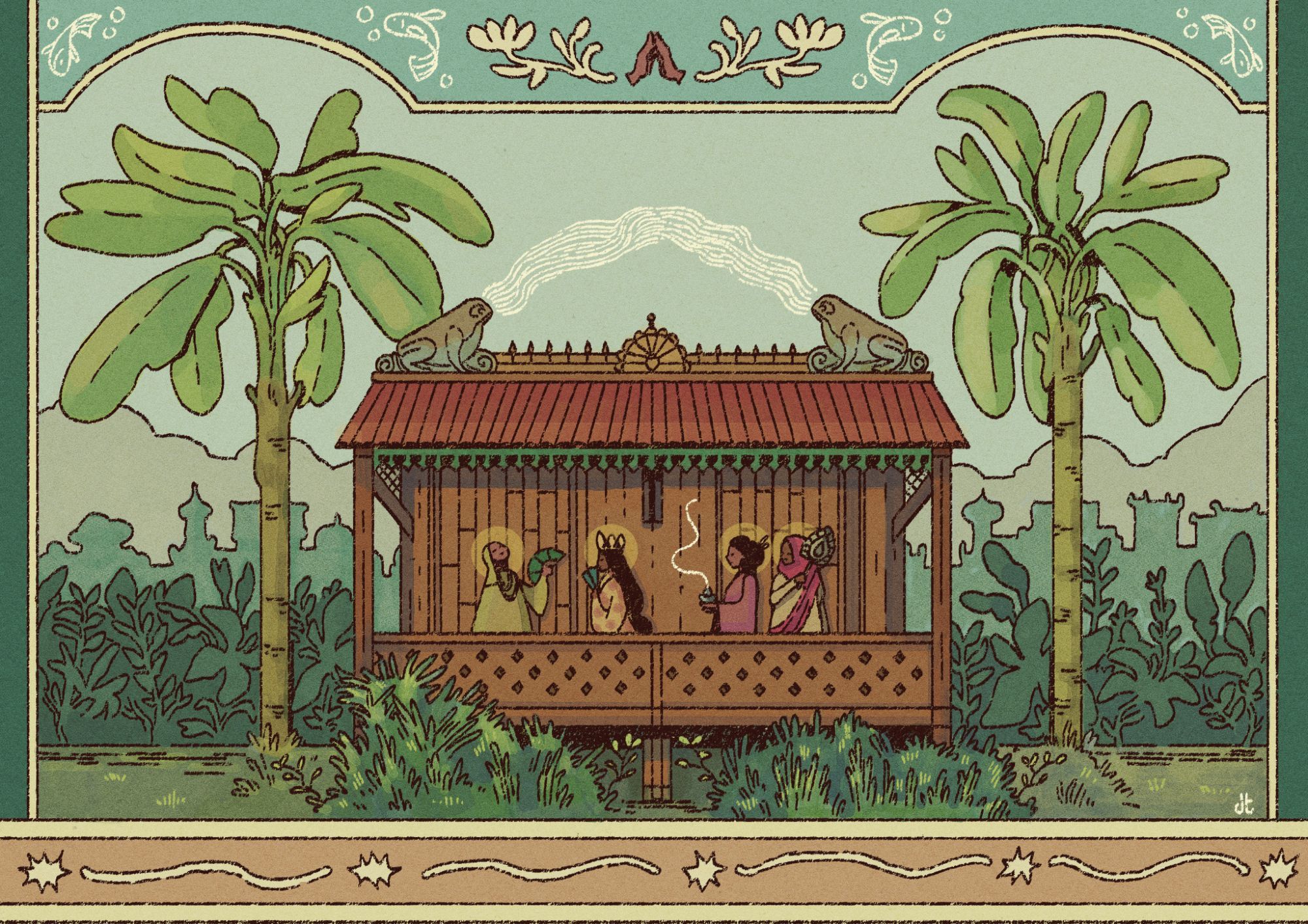 An ink and watercolor drawing of a traditional Southeast Asian structure where four feminine figures - each dressed in ritual garb and holding a fan or incense burner - walk across the archway in side profile. On either side of the building are two palm trees. Forests and mountains can be seen in the distance. On top of the building are two frog statues facing each other.