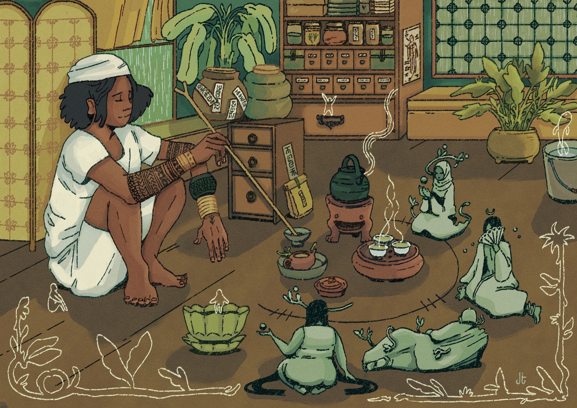 A watercolor and ink drawing depicting a brown-skinned and tattooed figure performing a ritual with teaware and four different spirits attending. The room is filled with plants, medicine chests, and the windows show it's raining outside.