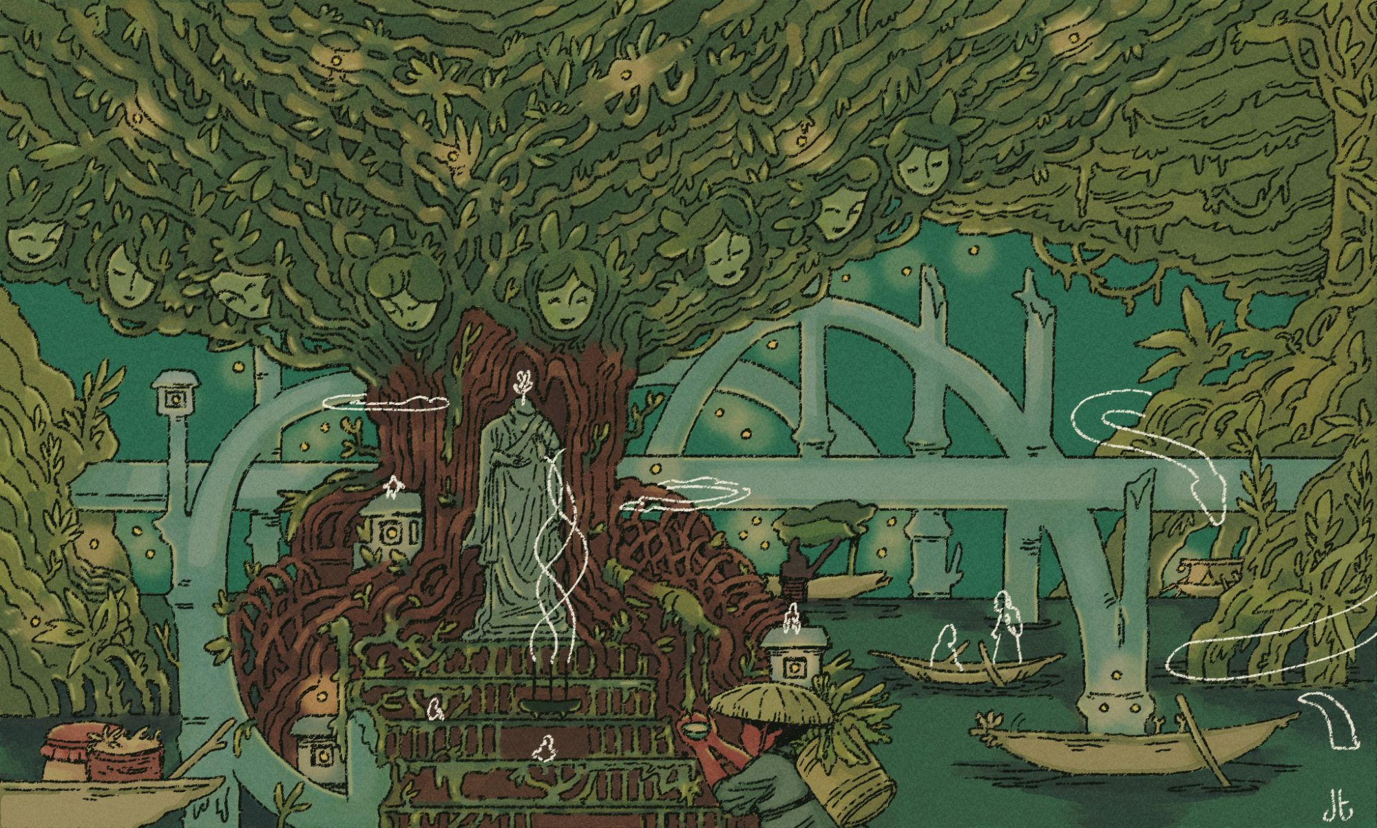 A watercolor and ink drawing of a large, gnarled, overgrown tree with eight faces appearing in its leaves. The hollow of the tree holds a headless statue, and a person is genuflecting before the statue. The tree is surrounded by water and a large swamp, along with the ruins of stylized stone arches.