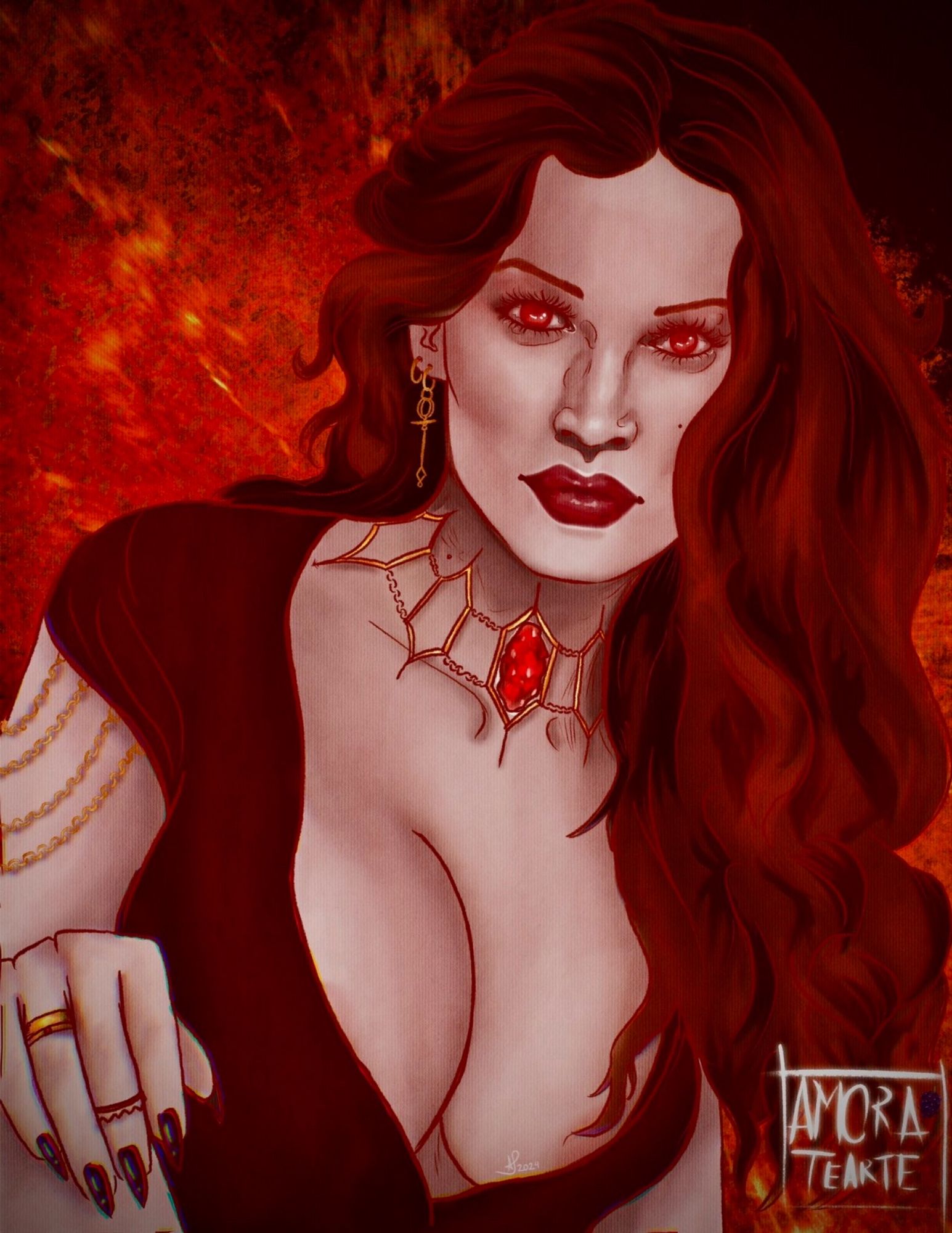 A portrait of red priestess Melisandre with her ruby necklace and all her redness