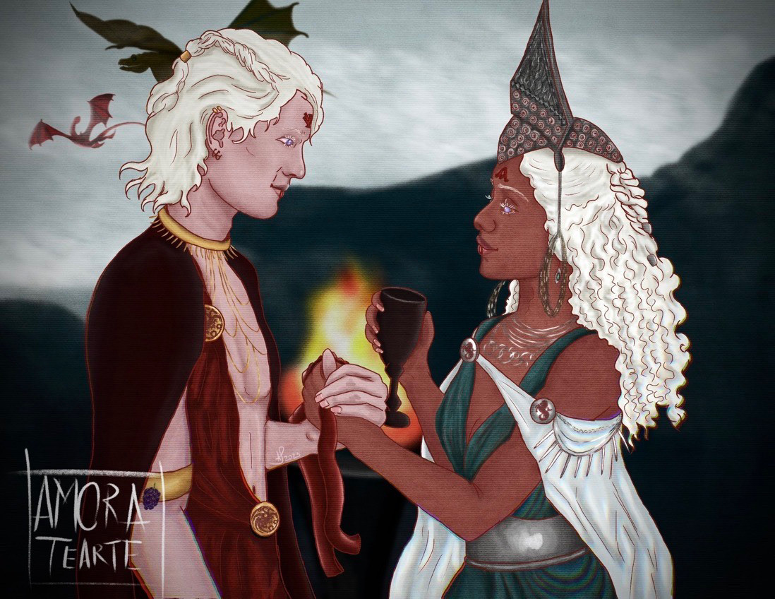 Daemon Targaryen, dressed in red and black with gold adornments and Laena Velaryon, in a sea green dress and silver cape, with silver adornments and a dark grey headpiece. Their joined hands with a fabric in between. She holds a goblet and their lips are cut. Glyphs for fire and for blood are drawn in blood in their foreheads and there is a bonfire behind them. Vhagar and Caraxes flying in the grey sky far behind. 