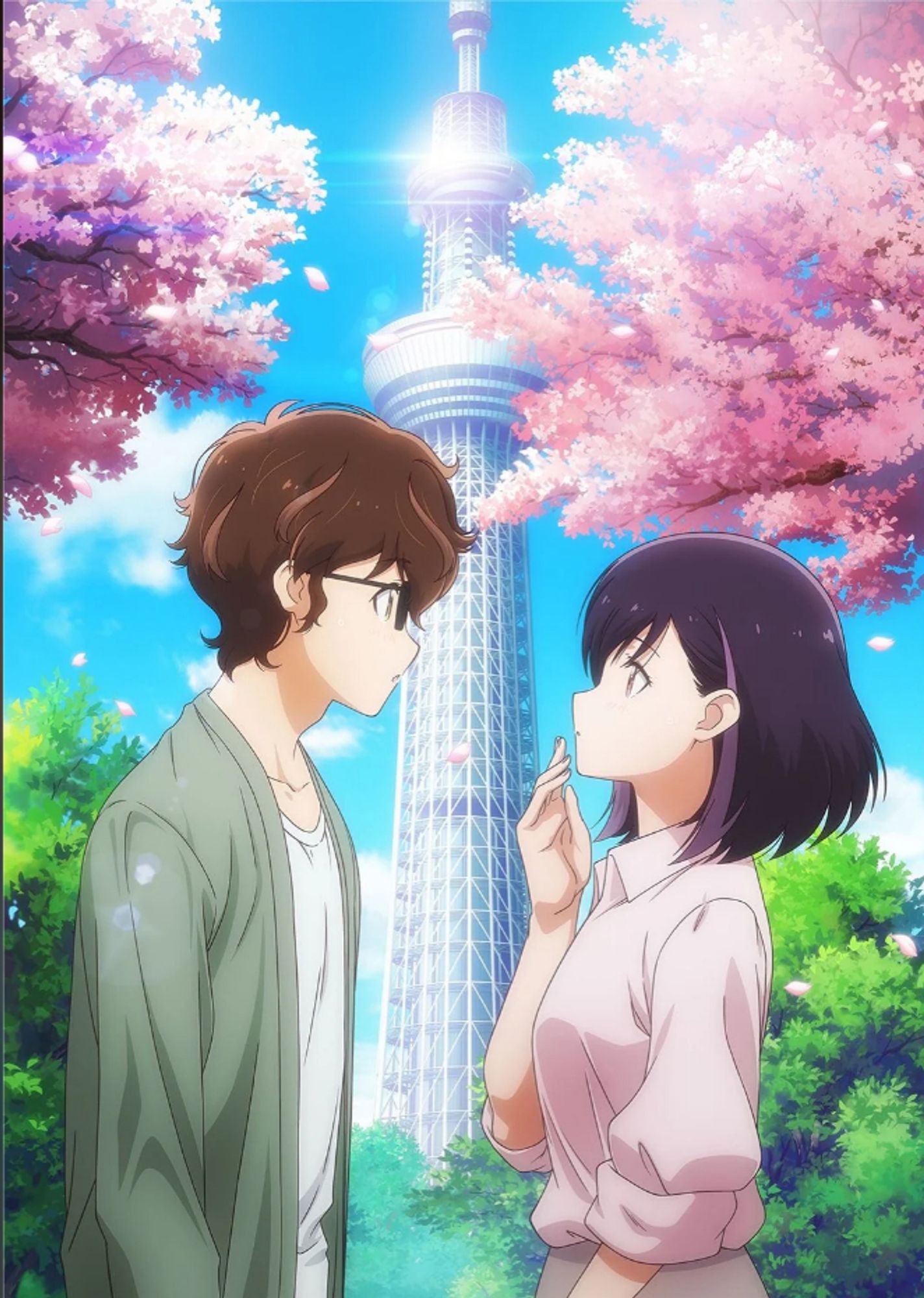 An anime man and an anime woman look at each other. They look mildly shocked. The Tokyo Sky tree is behind them, as well as a lot of trees, including some cherry blossoms in bloom.