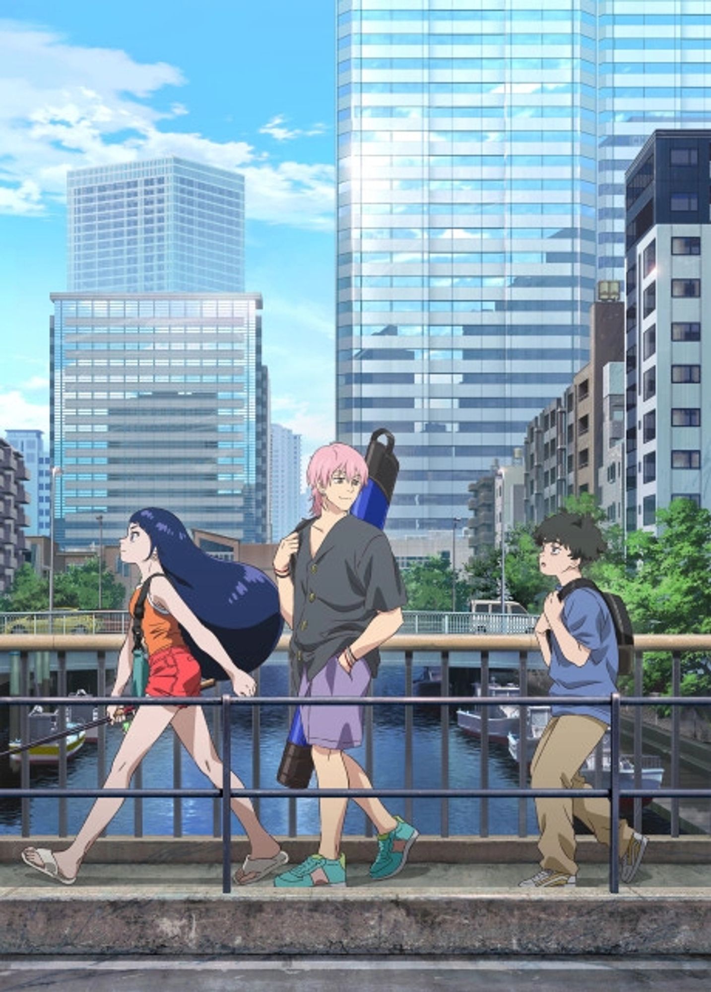 Three anime characters cross a bridge with sky scrapers in the background. In the front is a haughty looking woman with long black hair. Close to her is a laid-back looking pink haired man, glancing behind him at the man trailing behind them. He has a mop of black hair and an exhausted look on his face.