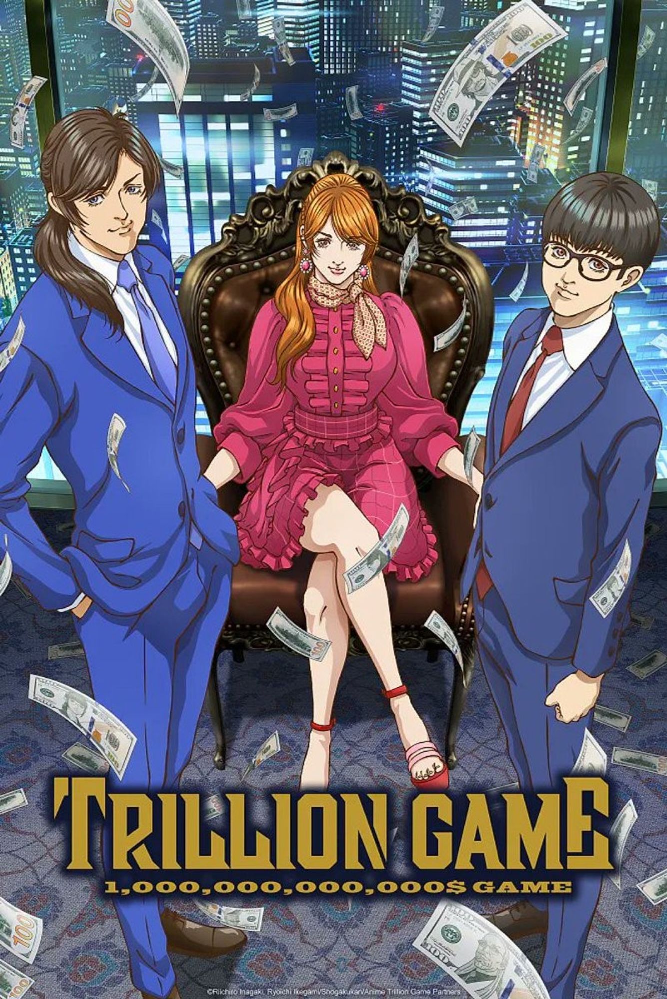 Two men stand, flanking a sitting woman. The men are both in suits. One has long hair in a ponytail, one has a very anime mushroom cut and glasses. The woman is in a chair that almost looks like a thrown and an expensive looking pink outfit. Behind them all is a window looking out at skyscrapers and there's money flying around them with characters' faces on the bills.