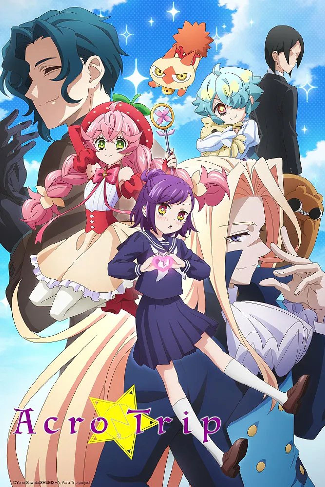 A purple haired anime girl in a navy blue school uniform makes a heart with her hands. Behind her is a pink haired magical girl with a strawberry hat,  a man with long blond hair and a cravat, and a few other characters.