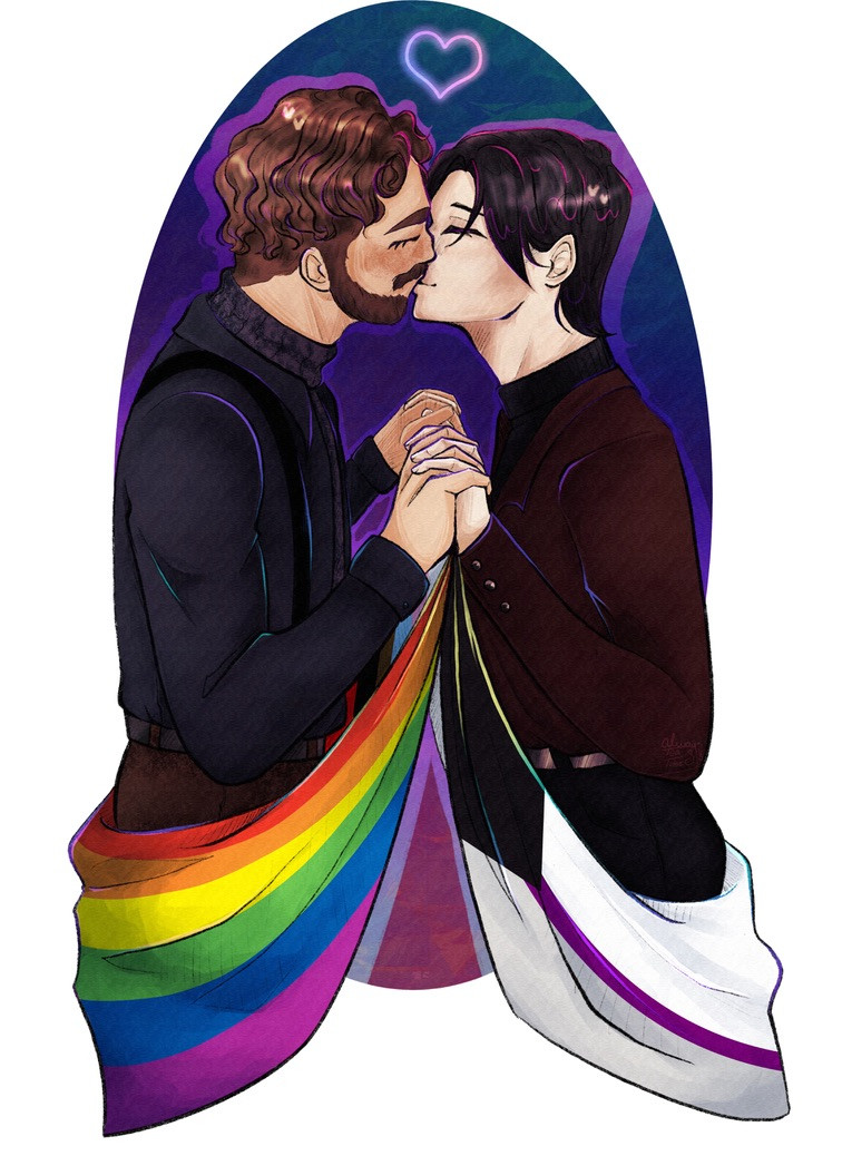 Art of two men kissing. The one on the left has curly brown hair and a beard and holds a rainbow pride flag. The one on the right has black hair and is holding a demisexual flag